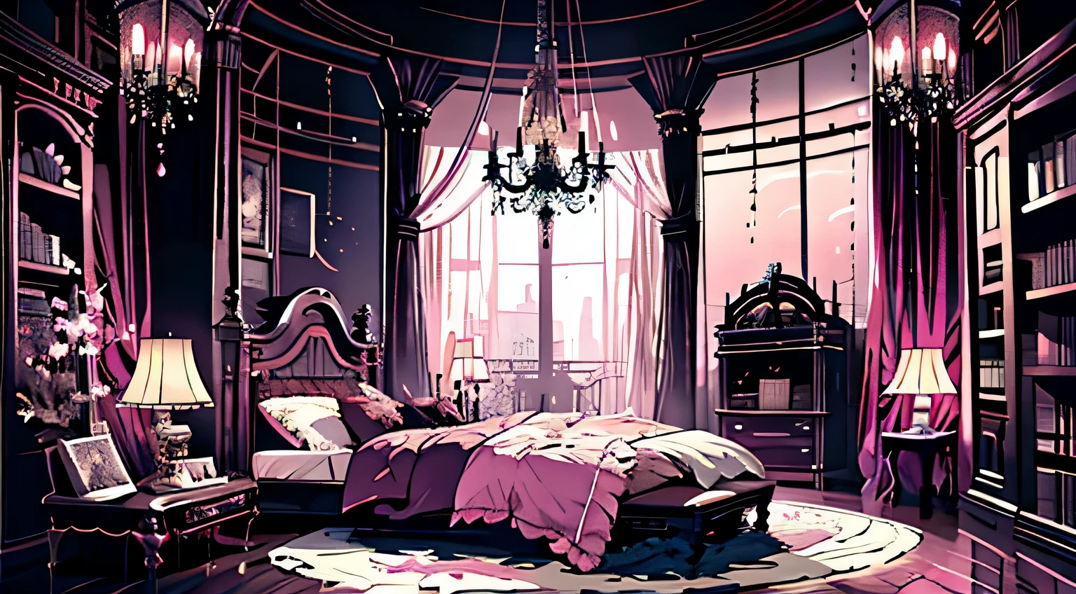 background、highest quality、detailed、Gothic atmosphere、Room illustration、、Pink-themed illustrations、spacious room、night、深night、Beautiful night sky from the window、lace curtains、Gothic bed、one chandelier、Gothic furniture、Bookshelf、Plush rug、There are no living things、wide range composition、Deformed illustration、Dark atmosphere、The silence of the night、Starry Sky、Crescent Moon、Crescent Moon and star illumination、Nobody is here