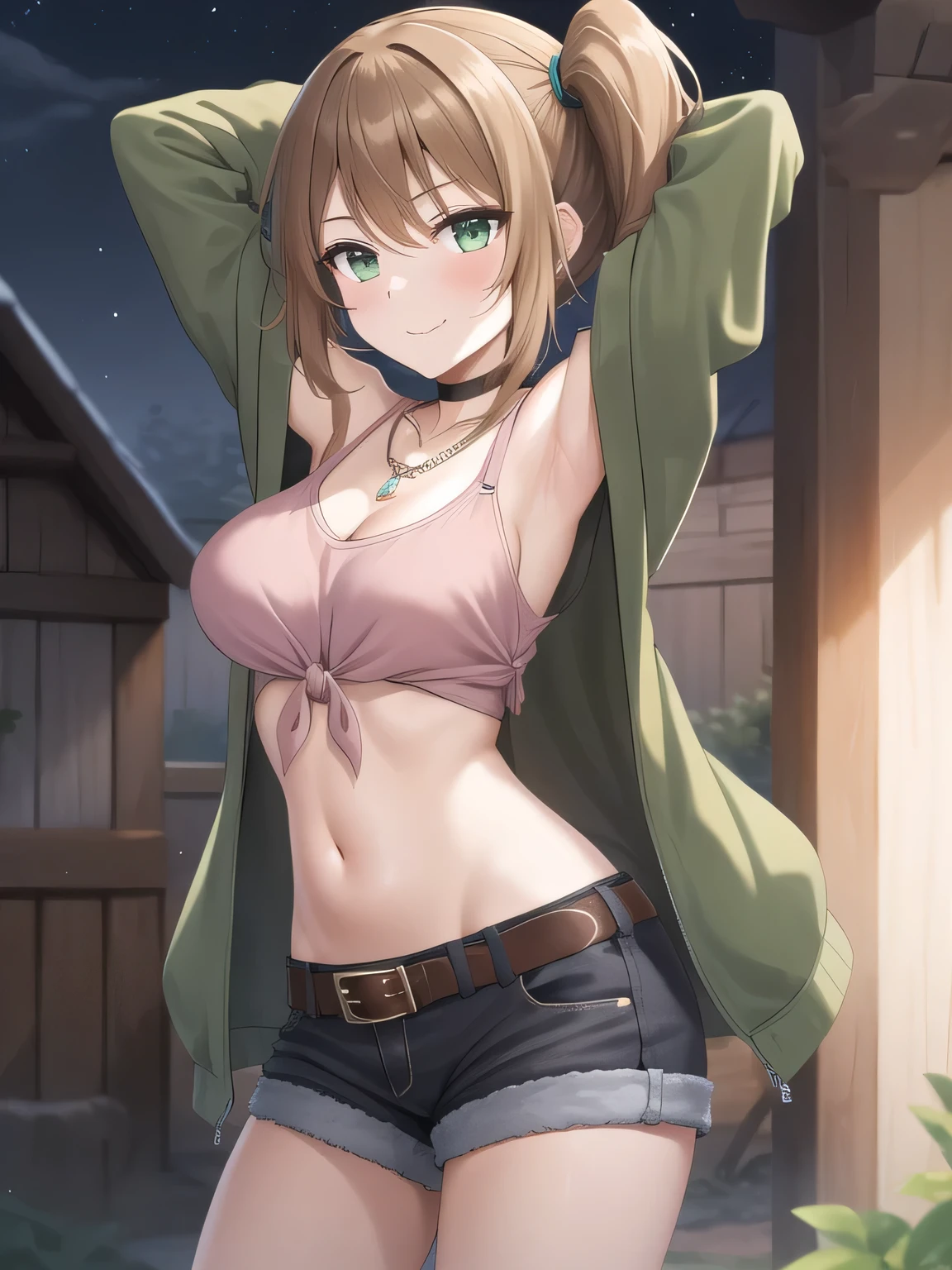 (masterpiece, best quality:1.2),illustration,8k,hd,1girl,solo, green eyes,side ponytail,brown hair,jacket,tied shirt,pink shirt,belt,choker,long hair,midriff,necklace,jewelry,off shoulder,green jacket,denim shorts,breasts,long sleeves,black shorts,black choker,bangs, solo, night sky, forest, arms behind head, contrapposto, spread armpits, closed mouth, smile, (cowboy shot:1.5)