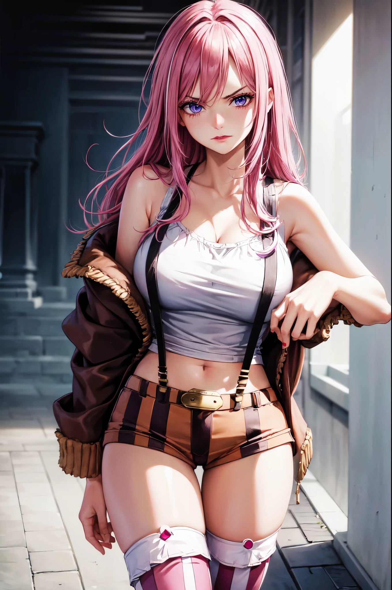 (masterpiece, best quality:1.2), expressive eyes, perfect face, highres, 1girl, solo, bny1, lipstick, purple eyes, pink hair, long hair, white tank top, suspenders, thighhighs, striped shorts, brown boots, straight hair, standing, portrait, looking at the viewer