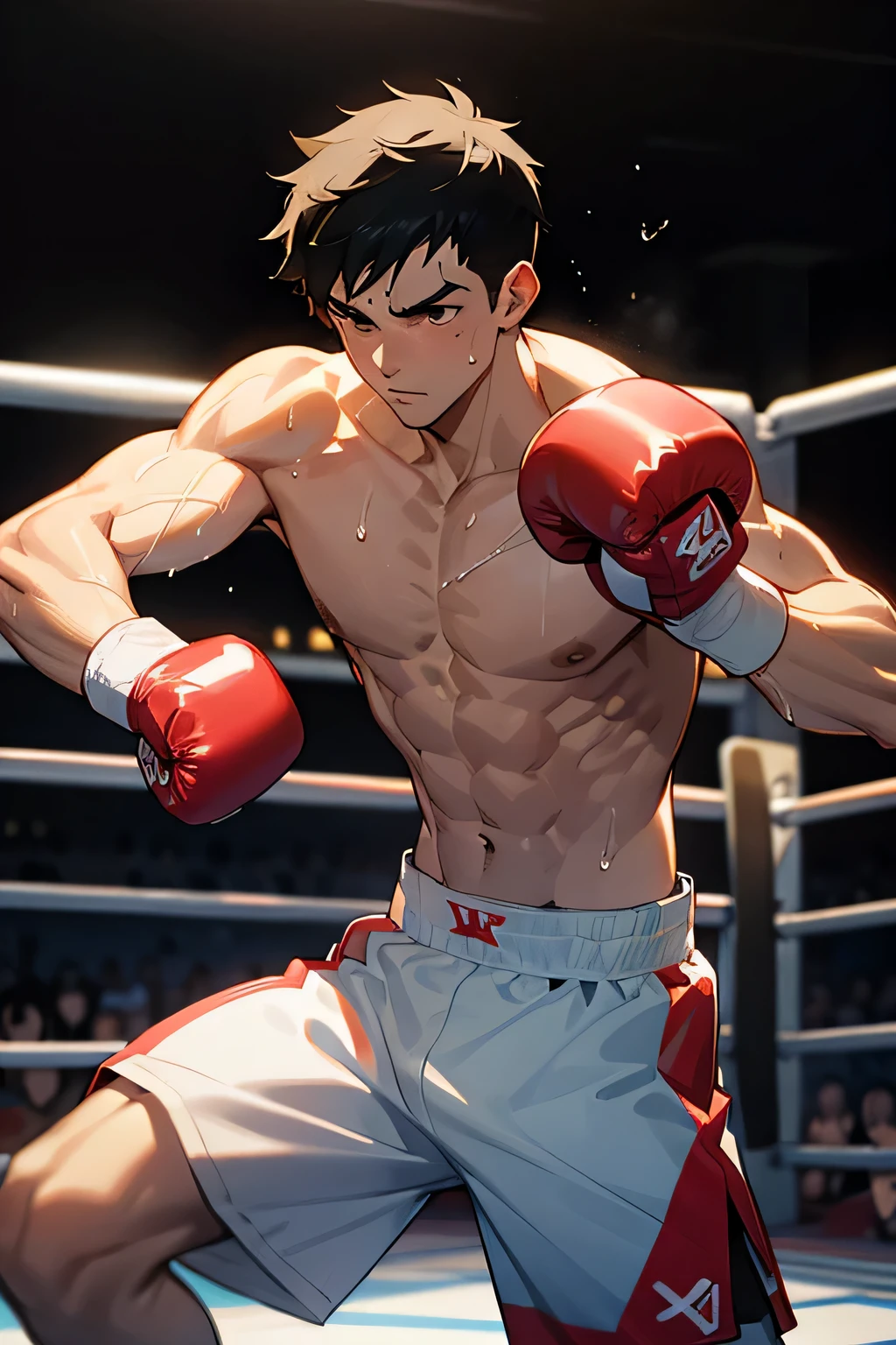 shirtless, super muscular, dripping with sweat, 22-year old short black hair handsome caucasian male wearing boxing gloves, sweat-drenched white boxing shorts, boxing boots, shirtless, fighting in the boxing ring