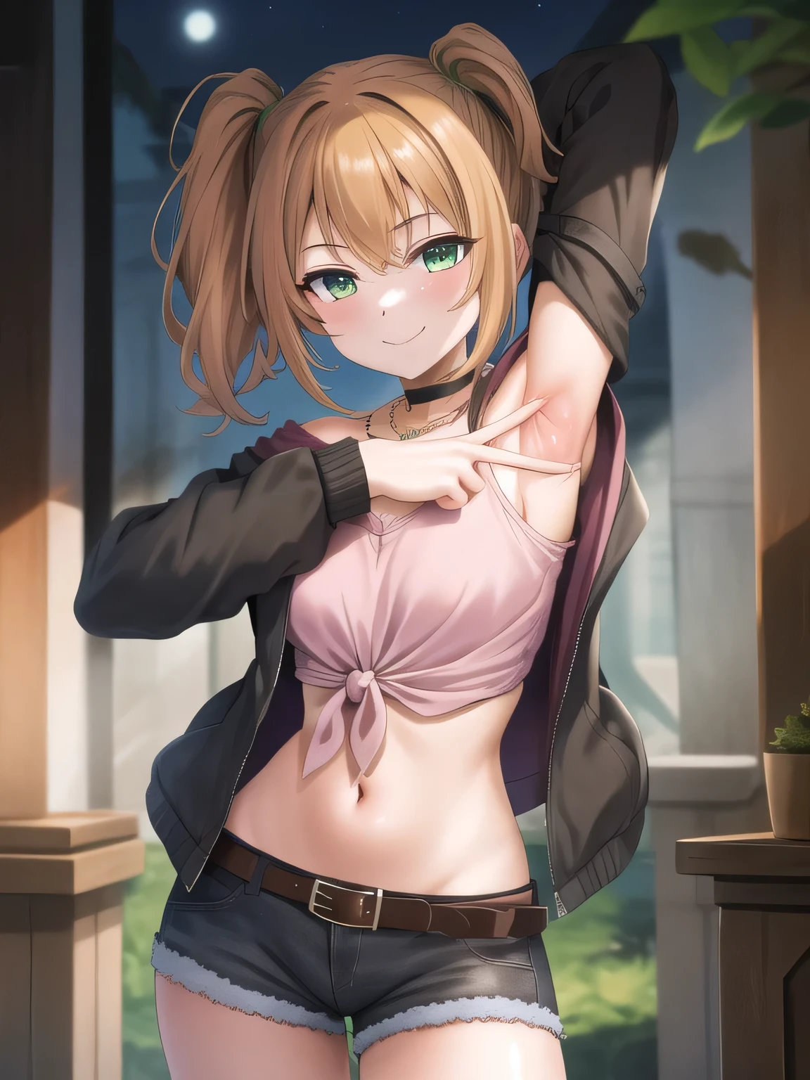 (masterpiece, best quality:1.2),illustration,8k,hd,1girl,solo, green eyes,side ponytail,brown hair,jacket,tied shirt,pink shirt,belt,choker,long hair,midriff,necklace,jewelry,off shoulder,green jacket,denim shorts,breasts,long sleeves,black shorts,black choker,bangs, solo, night sky, forest, arms behind head, contrapposto, spread armpits, closed mouth, smile, upper body,