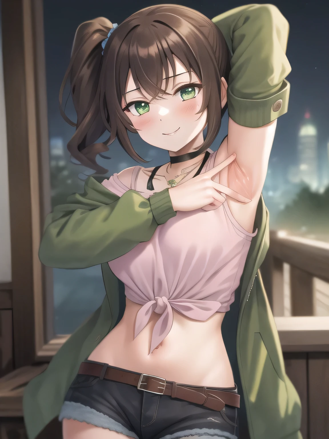 (masterpiece, best quality:1.2),illustration,8k,hd,1girl,solo, green eyes,side ponytail,brown hair,jacket,tied shirt,pink shirt,belt,choker,long hair,midriff,necklace,jewelry,off shoulder,green jacket,denim shorts,breasts,long sleeves,black shorts,black choker,bangs, solo, night sky, forest, arms behind head, contrapposto, spread armpits, closed mouth, smile, upper body,