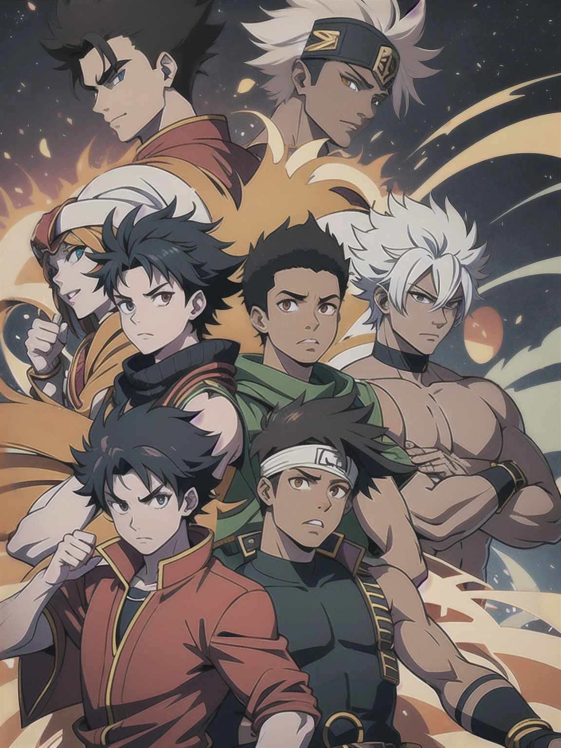 African American version of Naruto Uzumaki fused with the African American version of Yusuke Urameshi fused with the African American version of Asta from the Black Clover Anime series in the Yu Yu Hakusho Anime Art Style