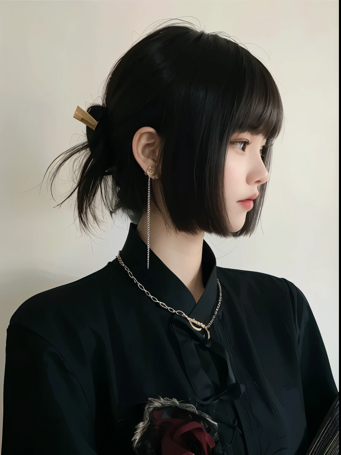 A girl taking pictures，Close-up of a woman wearing a new Chinese buttoned dress posing for a photo, The princess cuts the bangs，Black hair，Photorealism，masterpiece，best quality，high quality，Fine details，Clear focus，4 k，1girl， 1 Girl，美丽的Face， Face， Divine goddess， Ultra-high resolution，（Reality：1.4），（beautiful girl：1.4），（Urzang-6500-v1.1：0.3）