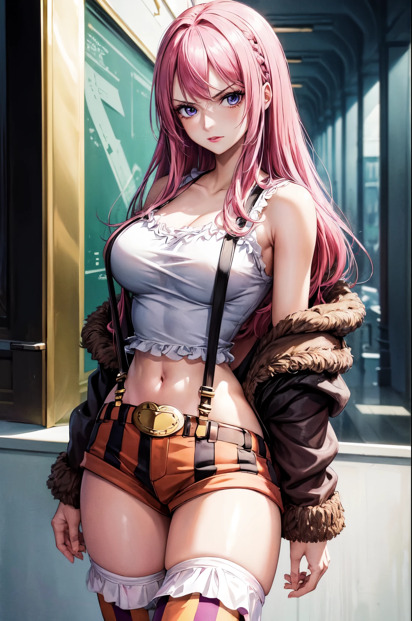 (masterpiece, best quality:1.2), expressive eyes, perfect face, highres, 1girl, solo, bny1, lipstick, purple eyes, pink hair, long hair, white tank top, suspenders, thighhighs, striped shorts, brown boots, straight hair, standing, portrait, looking at the viewer