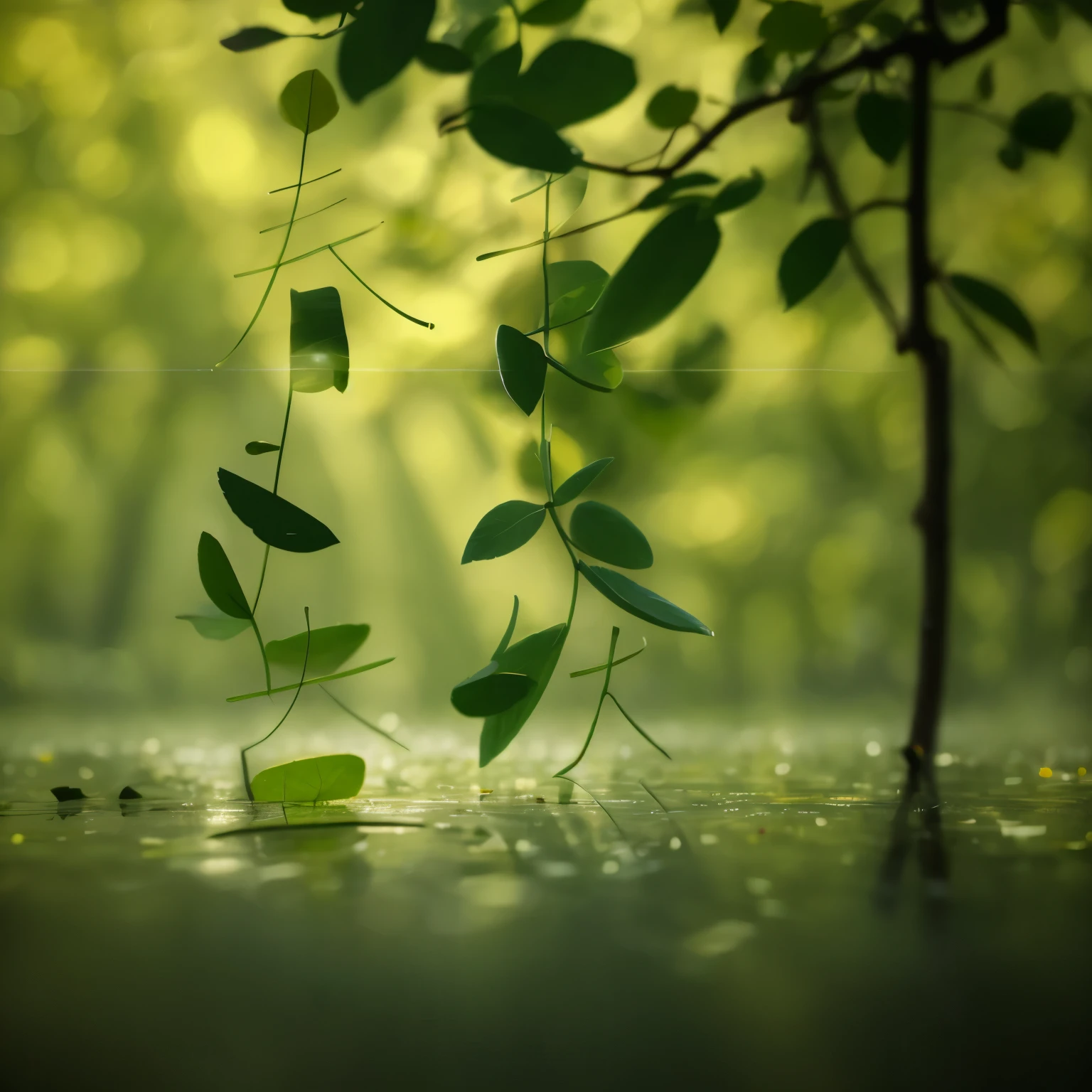 A leaf penetrated by sunlight,The background of the green forest looks spring-like
