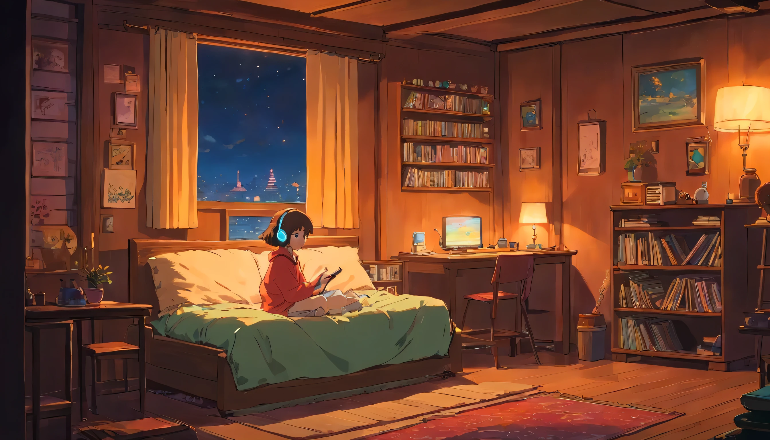 night、Girl listening to music in a cozy room, Using headphones, Anime-style 2D, Lo-Fi, hard disk, Dark Environment, Nuclear explosion outside
