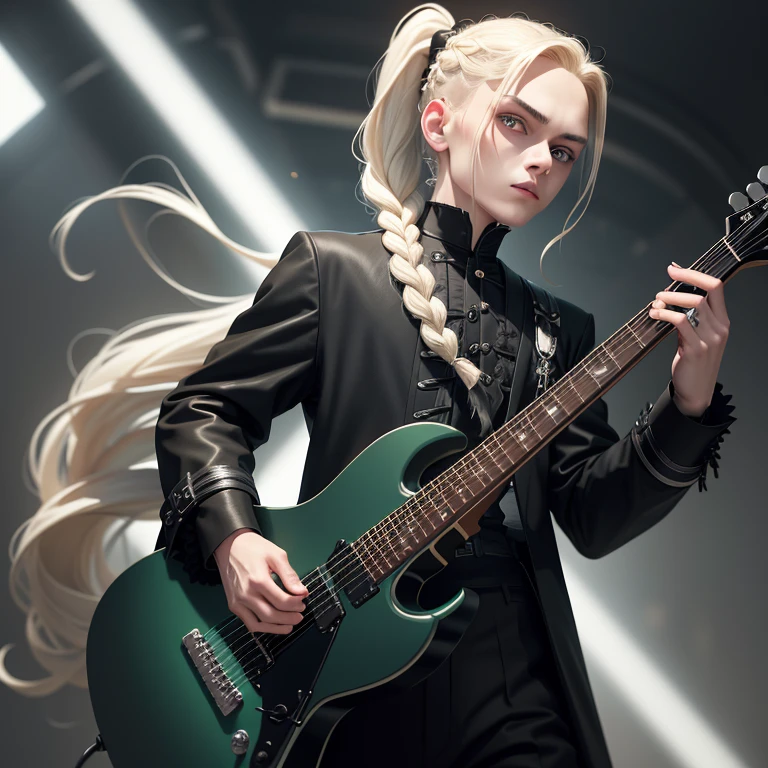 1 boy, A beautiful young man of 25, Feminine features, Big round eyes, strong eyesight, She has beautifully braided blonde hair in a ponytail., White skin, Long black gothic coat,Black gothic slacks, Black gothic shirt, Black boots, He is playing a green electric guitar with intense action.