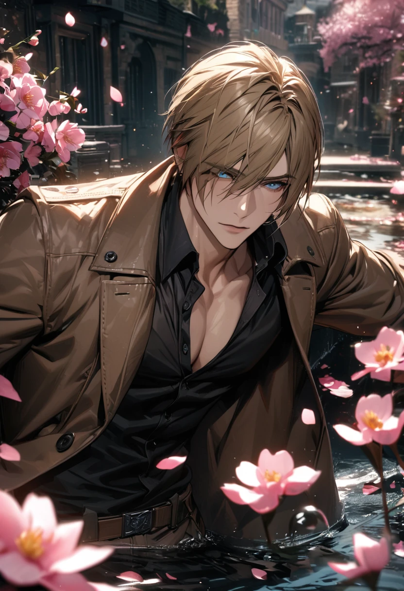 absurdres, highres, ultra detailed, HDR, masterpiece, Leon S Kennedy, blond-brown hair, expressive blue eyes, Resident Evil 6, 1man, handsome, brown coat, tight black shirt, toned chest, water, pink flowers, pink petals, pink butterflies, blossoms