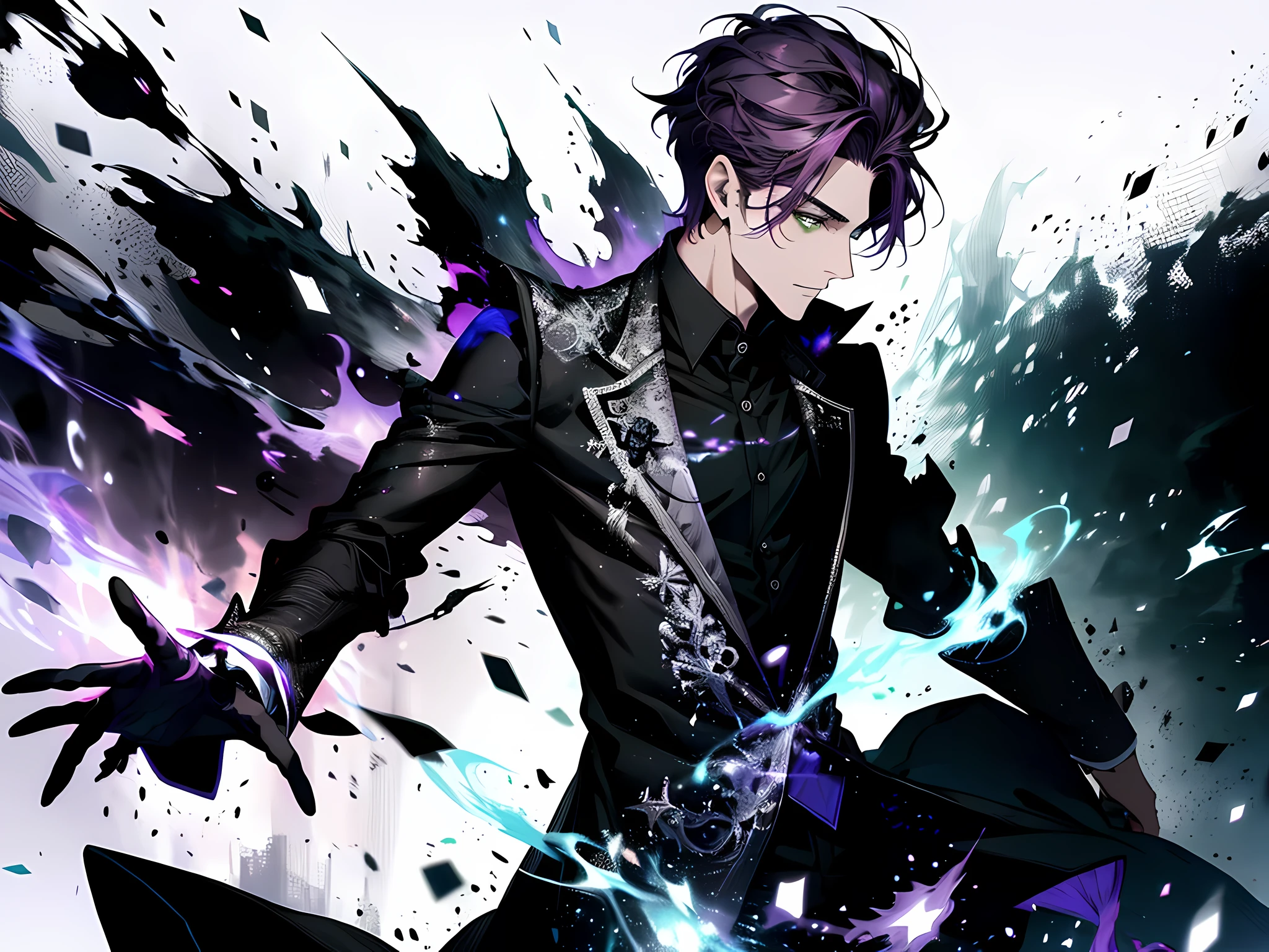 Solo, Male, masterpiece, highres, short hair, violet hair, green eyes, black and white shirt, magician, magic particles, entropy