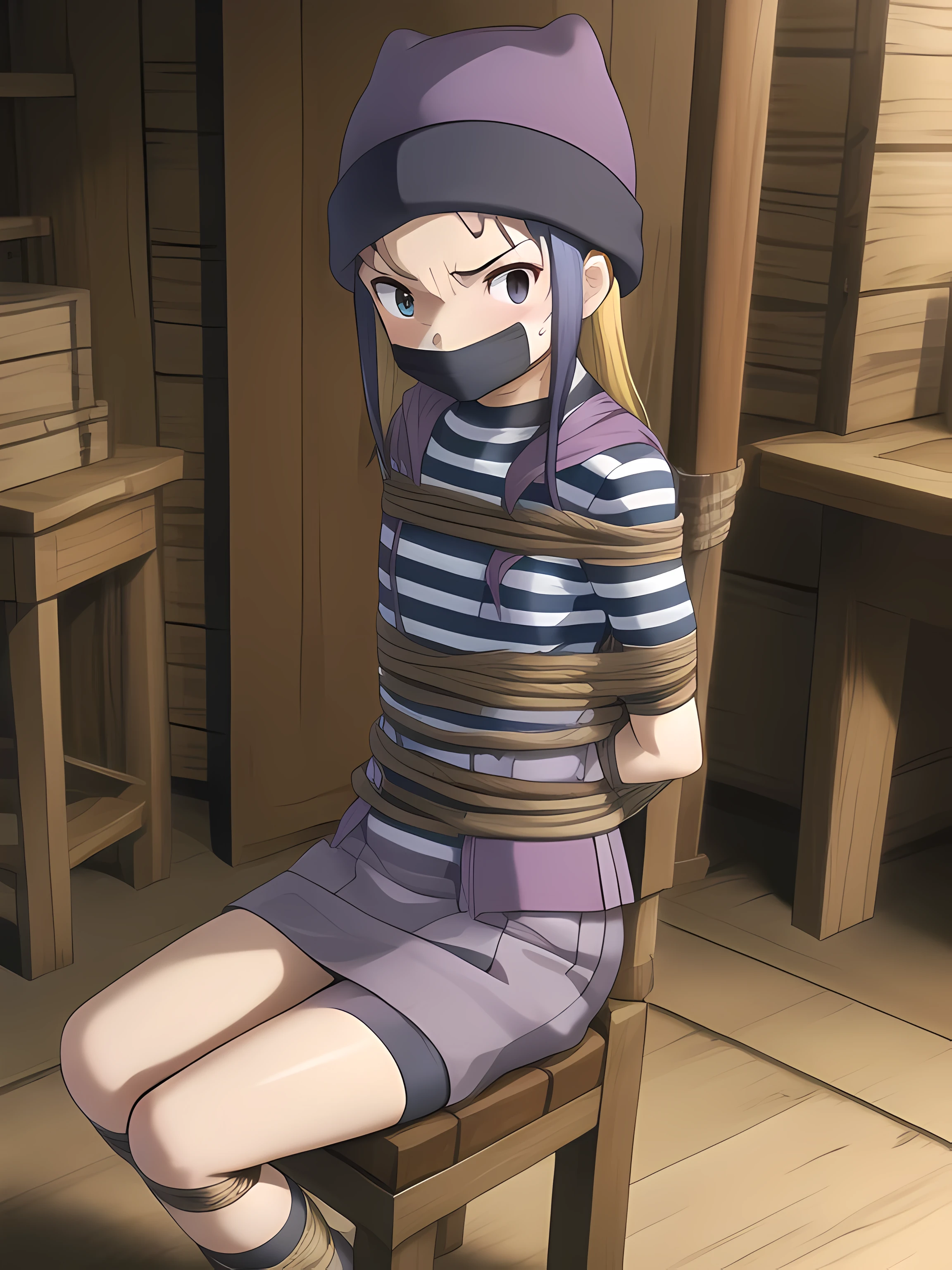 masterpiece,best quality,highly detailed,1girl,solo,worried,concentrating,v-shaped eyebrows,wince,sweat,sweatdrop,blush,
blush,bow,izumi orimoto, blond hair, purple beanie, purple vest, purple miniskirt, blue white striped shirt, long purple socks, sneakers, purple vest, striped shirt, beanie, cat hat
BREAK
shibari,bdsm,(((shibari over clothes,rope,bound,restrained,bound to a chair))),chair, tape, tapegag, tape on the mouth, gagged, tied, tied up, tied to a chair, bound to a chair, hands behind back, tied ankles