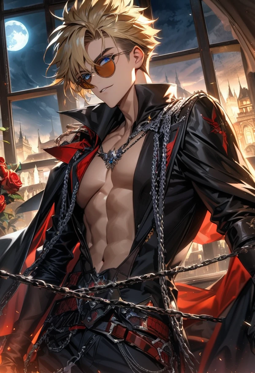 Ultra detailed, Highres, absurdres, HDR, Vash Stampede, blond hair, blue eyes, amber round sunglasses, Trigun, black gloves, black cape, bare chest, prince cool clothes, 1 man only, moon, window, roses, handsome, chains,