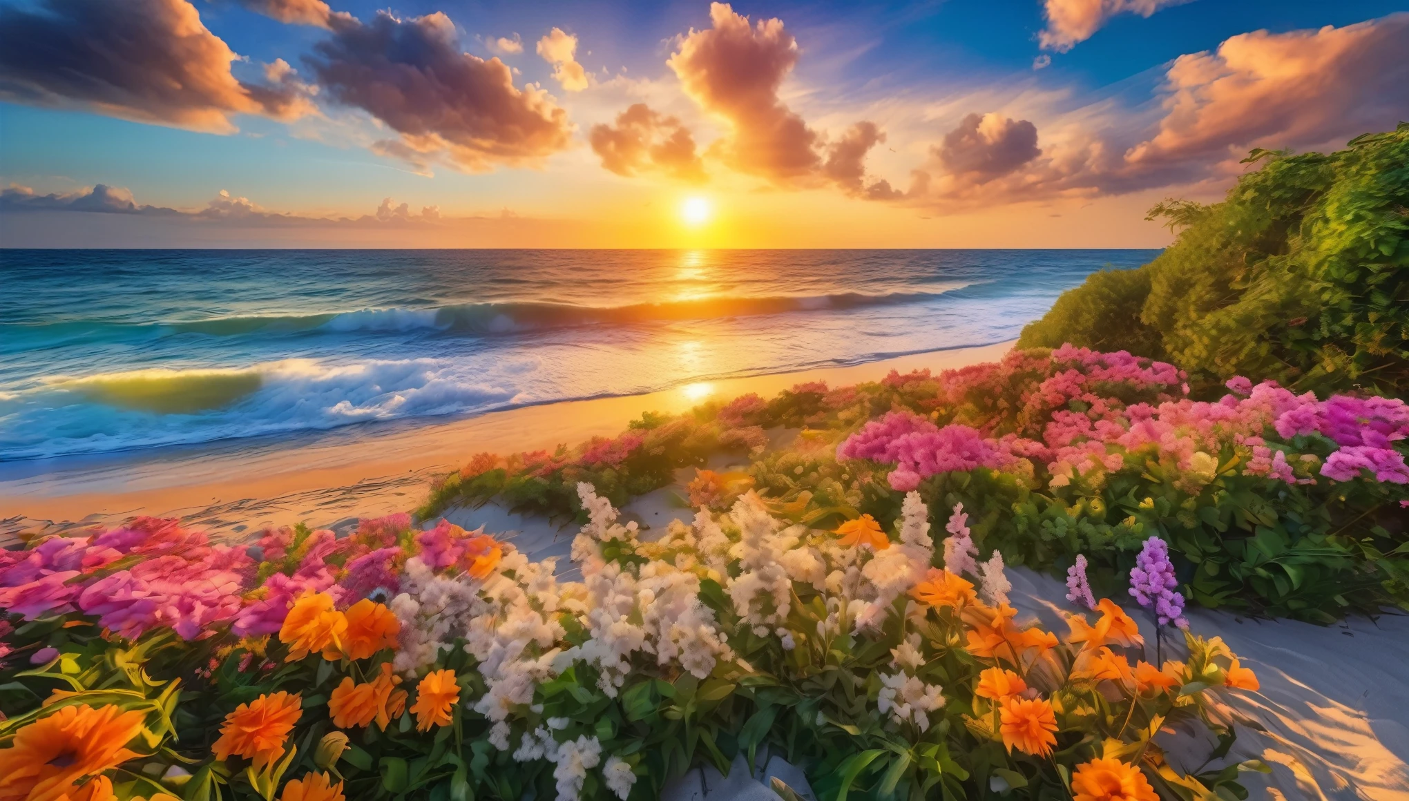 The background of the picture is peaceful by the sunset sea, and the sun was shining brightly, The waves crash against the beach, colorfyl Flowers bloom on the beach, Melodious sound, Strange clouds stand out, first-person view, panorama, UHD,(Best Quality),(Masterpiece Photos), (Details:1.4),(8k Highly Detailed)(Best Quality),(Best Shading)