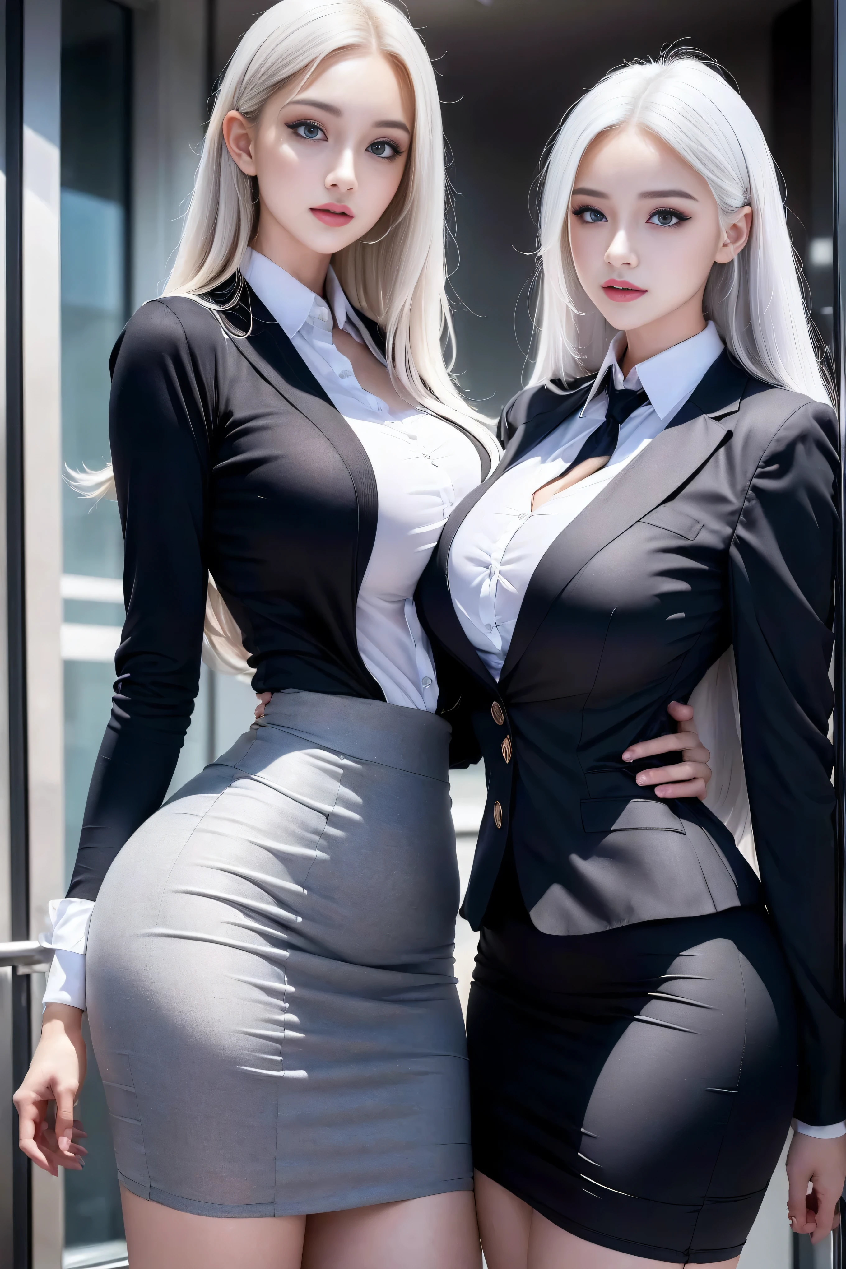 (2 girls), beautiful, Amazing face and eyes, long white hair，cosmetic, (Extremely delicate beautiful face), (The sexiest look), (beautiful big breasts:1.1), (best quality:1.4), (Ultra Detailed), (Extremely detailed CG unified 8k wallpaper), Very detailed, original photo, Professional photography, ((Business suit)), (tight skirt), (open collar business shirt),in office，Large depth of field、