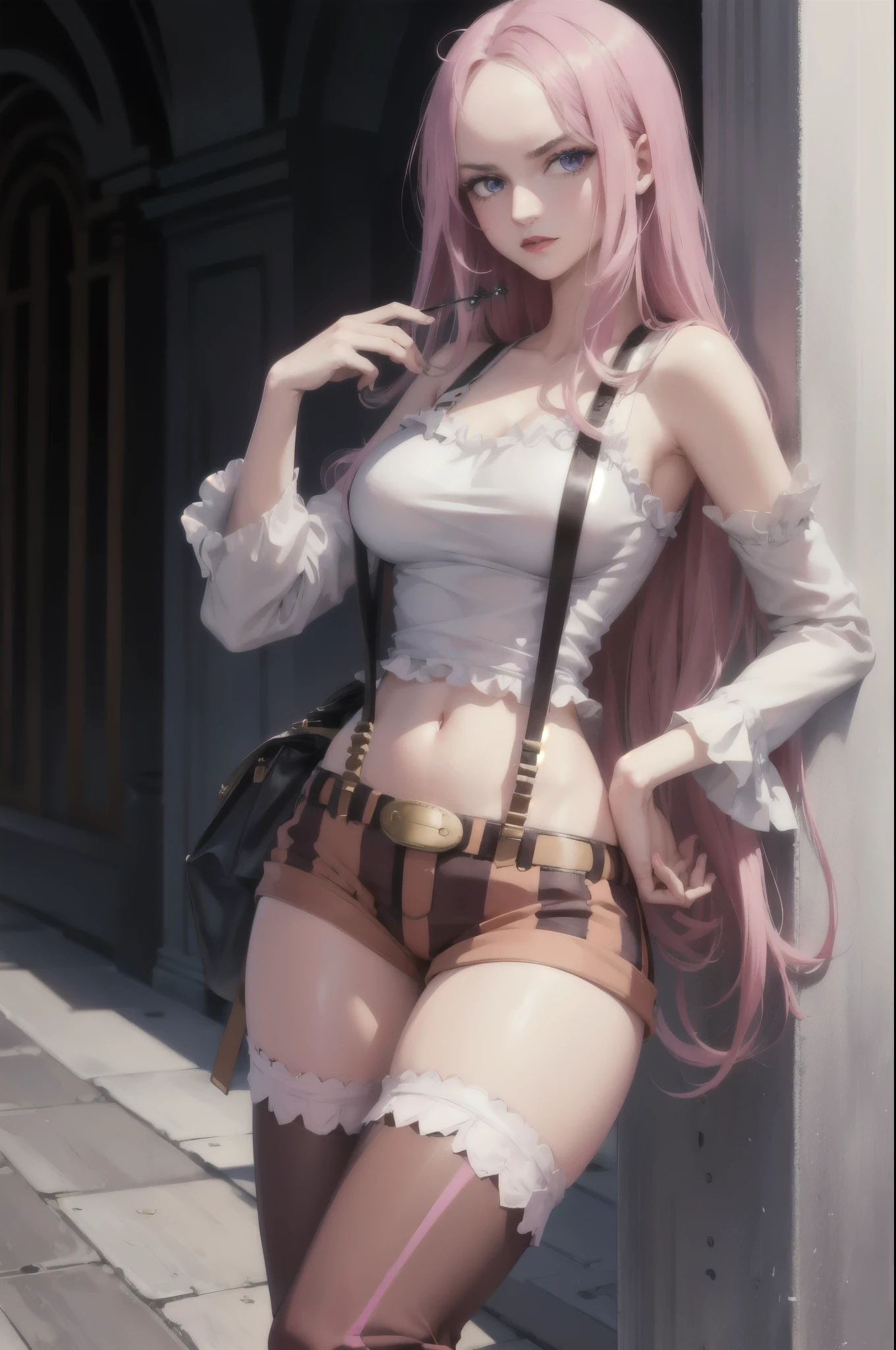 (masterpiece, best quality:1.2), expressive eyes, perfect face, highres, 1girl, solo, bny1, lipstick, purple eyes, pink hair, long hair, white tank top, suspenders, thighhighs, striped shorts, brown boots, straight hair, standing, portrait, looking at the viewer