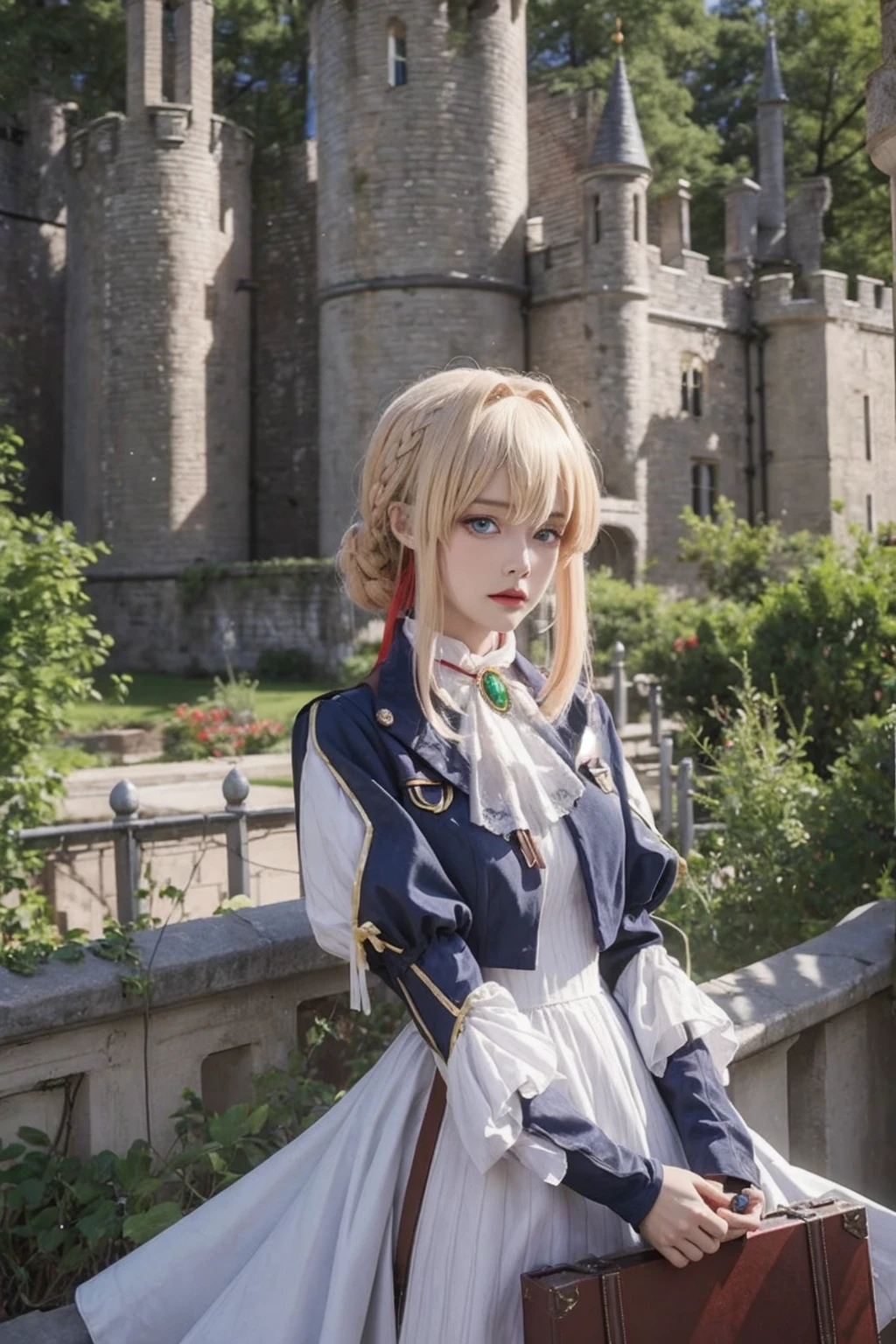 1girl, (((masterpiece, best quality))),(realistic, photorealistic), violet_evergarden, cowboy shot, blonde hair,braid, red hair ribbon, bangs, short blue jacket, blue long sleeves, jewelry, blue eyes, brooch, ascot, ((white long dress)), looking at viewer, upper body, outdoors, ((castle)),((houses)) streets, raining, manor,