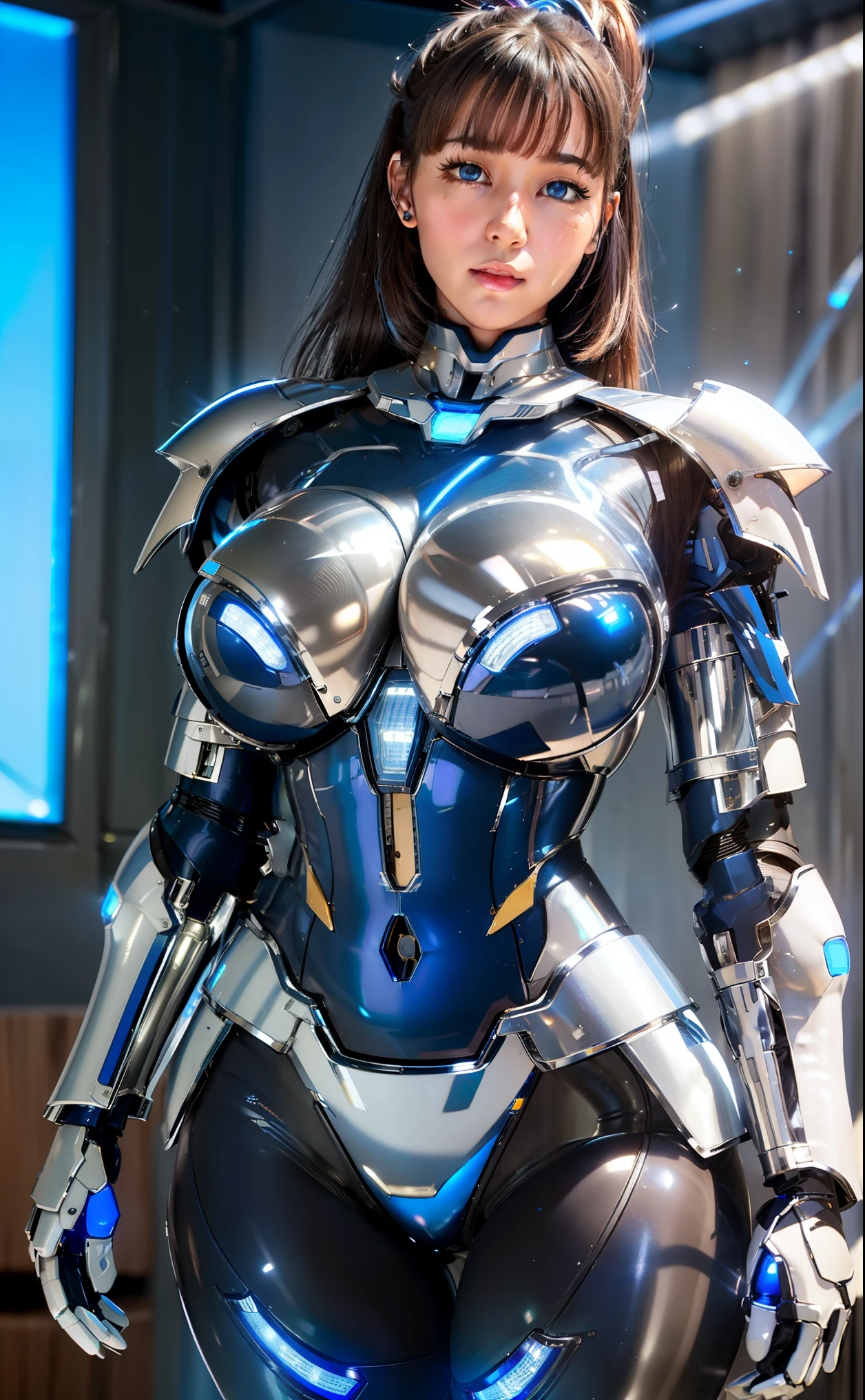 Larissa Rochefort (@larissarochefort Instagram), CLOSE UP UPPER BODY,SOLO, (GIGANTIC BREASTS,MUSCULAR ABS:1.5), ((WEARING OUTFIT MECHA (BLUE LED LIGHT), (CHROME EXTERIOR), MECHA ARMOR SUIT, MECHA SKINTIGHT:1.5)),(CURVY VOLUPTUOUS BODY SHAPE:1.5), (LOOKING AT VIEWER:1.6), (BACKGROUND FUTURISTIC SPACE STATION:1), (PHOTOREALSITIC:1.4), (ULTRA-DETAILLIERT), (TOP-QUALITY), (BEST SHADOWS), BRIGHT LIGHT IN ROOM, HYPER TEXTURE, (4X MSAA), ((UNREAL ENGINE 5 RENDER)), PHYSICALLY-BASED RENDERING, ULTRA HIGHT DEFINITION, 16K, 1080P, PONYTAIL HAIR, BROWN HAIR, SIDE BANGS HAIR, LONG BANGS