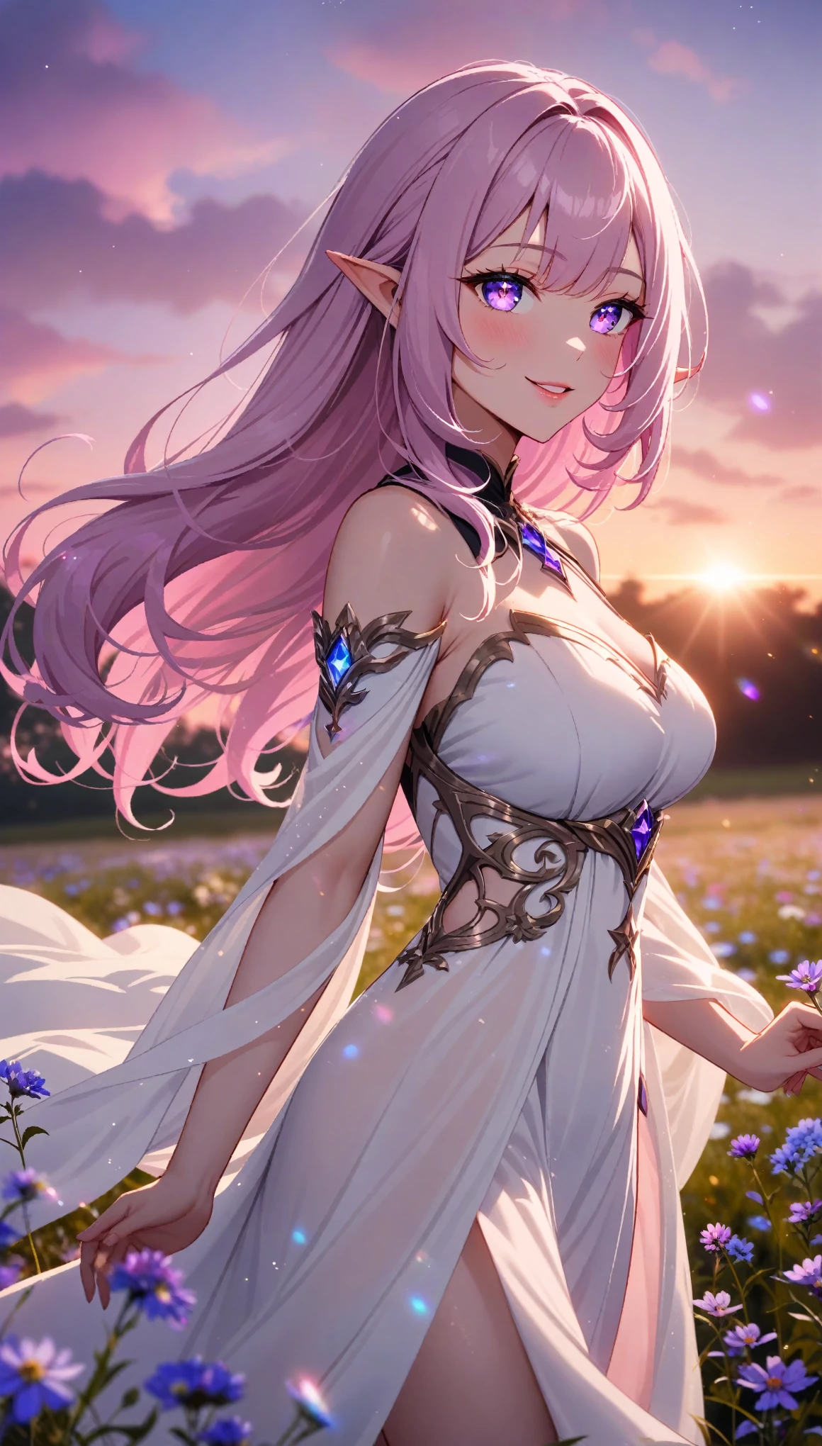 (masterpiece:1.2), (best quality:1.2), very aesthetic, newest, 1girl, elysia, sparkling purple eyes, pink slit pupils, pointed ears, field with cute colorful wildflowers, sunrise, all-white clothes, extra long warm vivid pink hair, volumetric light, iridescent light, glowing flowers, iridescence, shimmering, light particles, wind, large breasts, loose flowing white silk chiffon gown, bekinski, dawn, pink sky, highly detailed,  pointed ears, long lashes, shimmering, glossy lips, happy, serene, heavenly, detailed face, perfect eyes