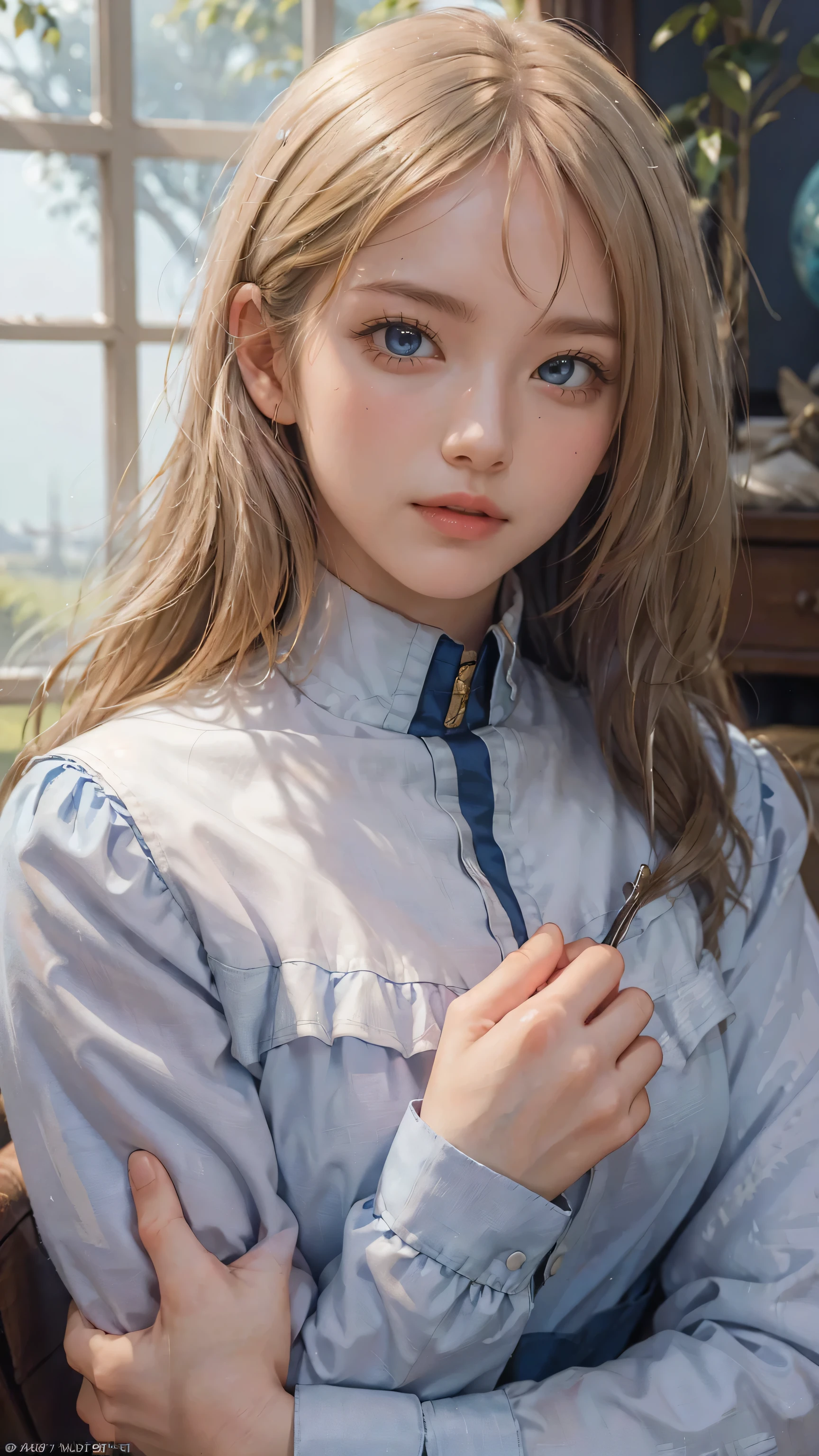 ((masterpiece、highest quality、realistic、super detailed、High resolution、Photoreal、sharp focus、photo-realistic、RAW photo、face light))、high brightness、bust shot、whole body、1 female、(cosmos:1.2)、(dark blue eyes)、blonde hair、strong gaze、growing eyes、((Pink Commonwealth Uniform))、very detailed、RAW Textures、Sayla Mass、Detailed depiction of hands,no make look: 1.3,