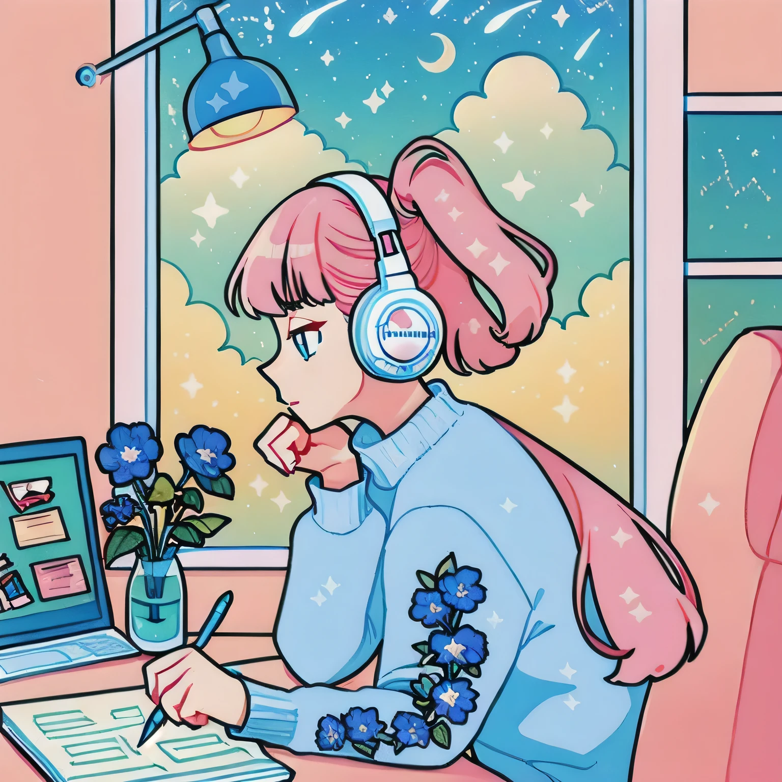 (highest quality,masterpiece:1.2), figure\(overview\), One girl, alone, Pink Theme, Upper Body,indoor, write,Sitting, Liquid Hair,Multicolored Hair,Pink Hair, bangs, profile, blue eyes, ponytail, sweater,white sweater, shirt, blunt bangs, lamp, flower, blue flower,Headphones, fish, Long sleeve, Holding, cloud, Wave, Holding pencil pencil, window, Mikka Moon moon, moon, Limited edition palette, machine lamp,machine, Mikka Moon, Chair, Headrest, star \(symbol\),