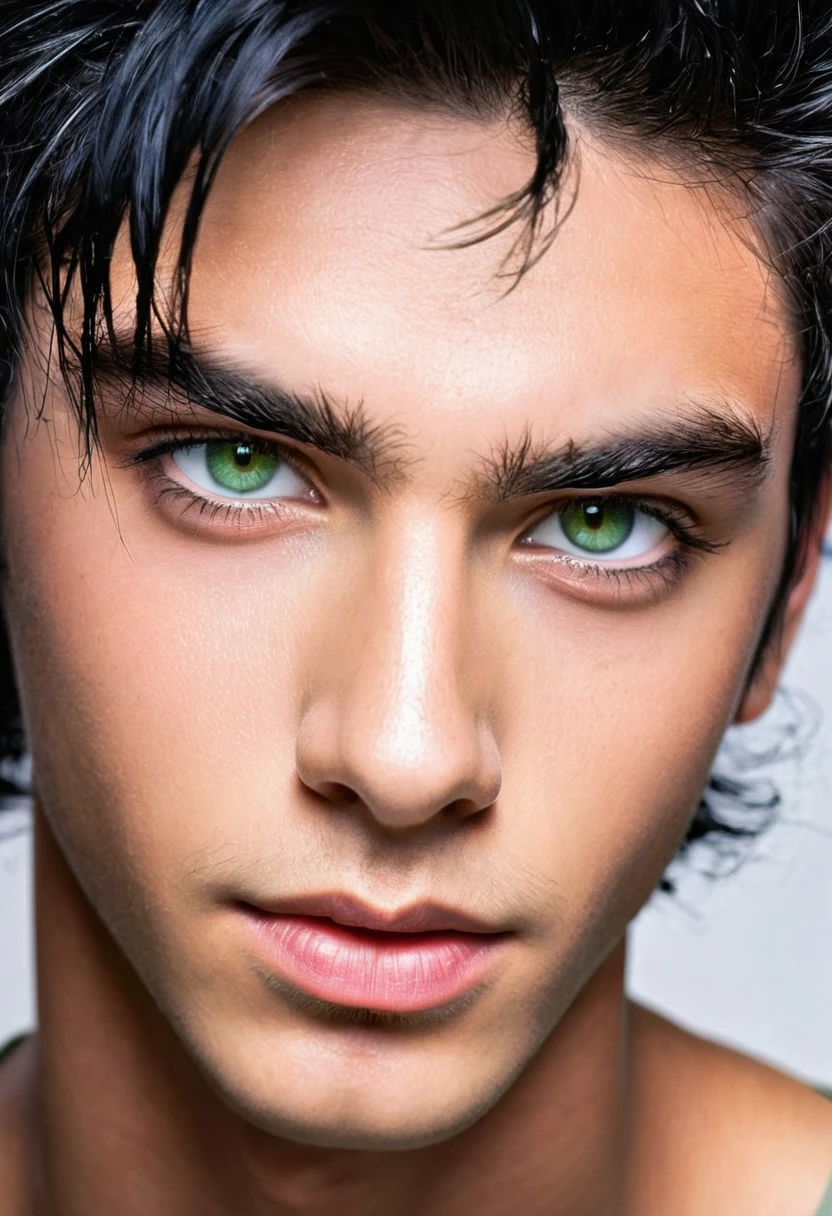 A boy with black hair that falls in rebellious strands over his forehead and green eyes emanates a magnetic attraction. His confident demeanor gives him a dominant presence in any situation.. His attractive but somewhat unkempt appearance suggests a man who is used to effortlessly attracting attention..