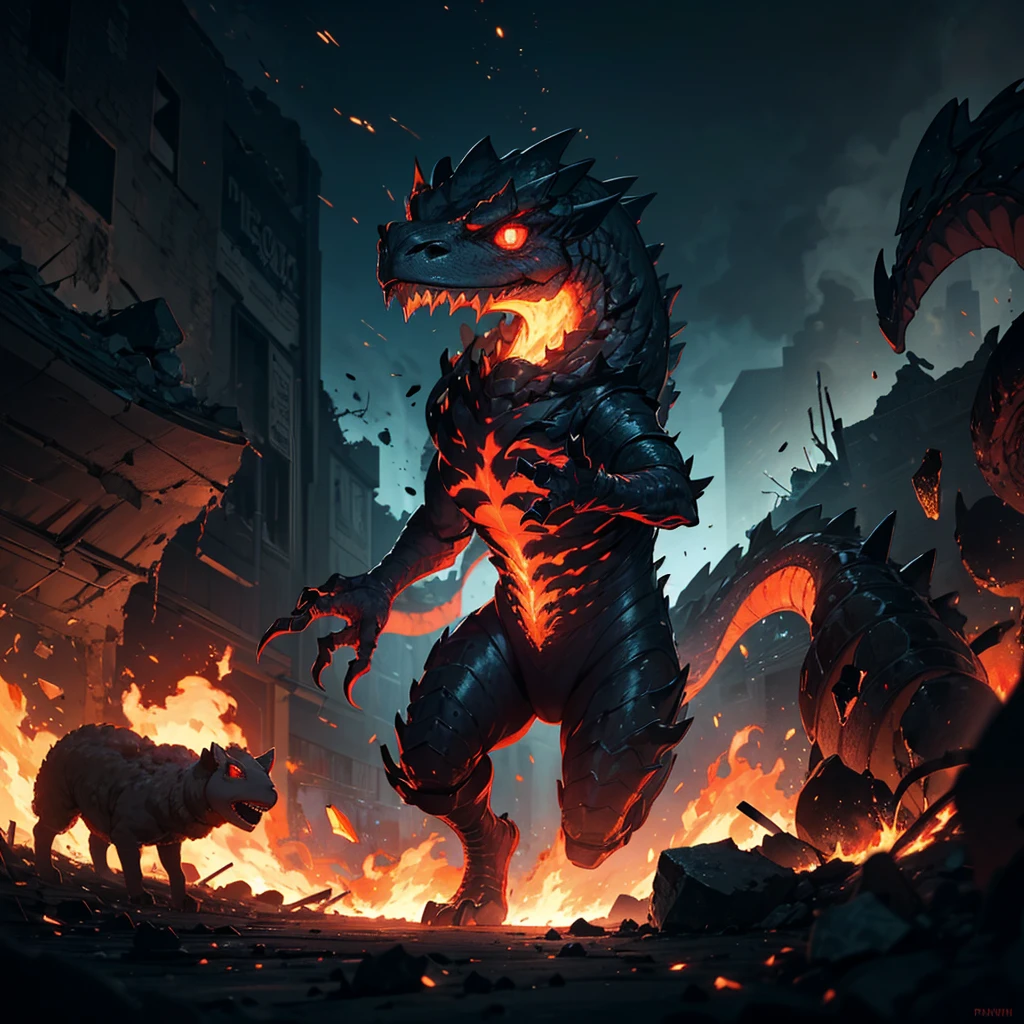 (high quality,realistic,ultra-detailed),Alpaca monster with glowing red eyes and sharp teeth,creepy lava toad kaiju emerging from a fiery crater,giant tentacles flailing,destructive battle,burning buildings and shattered glass,panicked crowd fleeing,the ground shaking under their colossal feet,flaming debris filling the air,neon lights reflecting off the chaos,streaks of radioactive fire illuminating the night sky,toxic smoke billowing from the clash,evoking a sense of dark horror and impending doom,portraits,nightmarish landscapes,surreal photography,ominous color palette,shadowy and atmospheric lighting