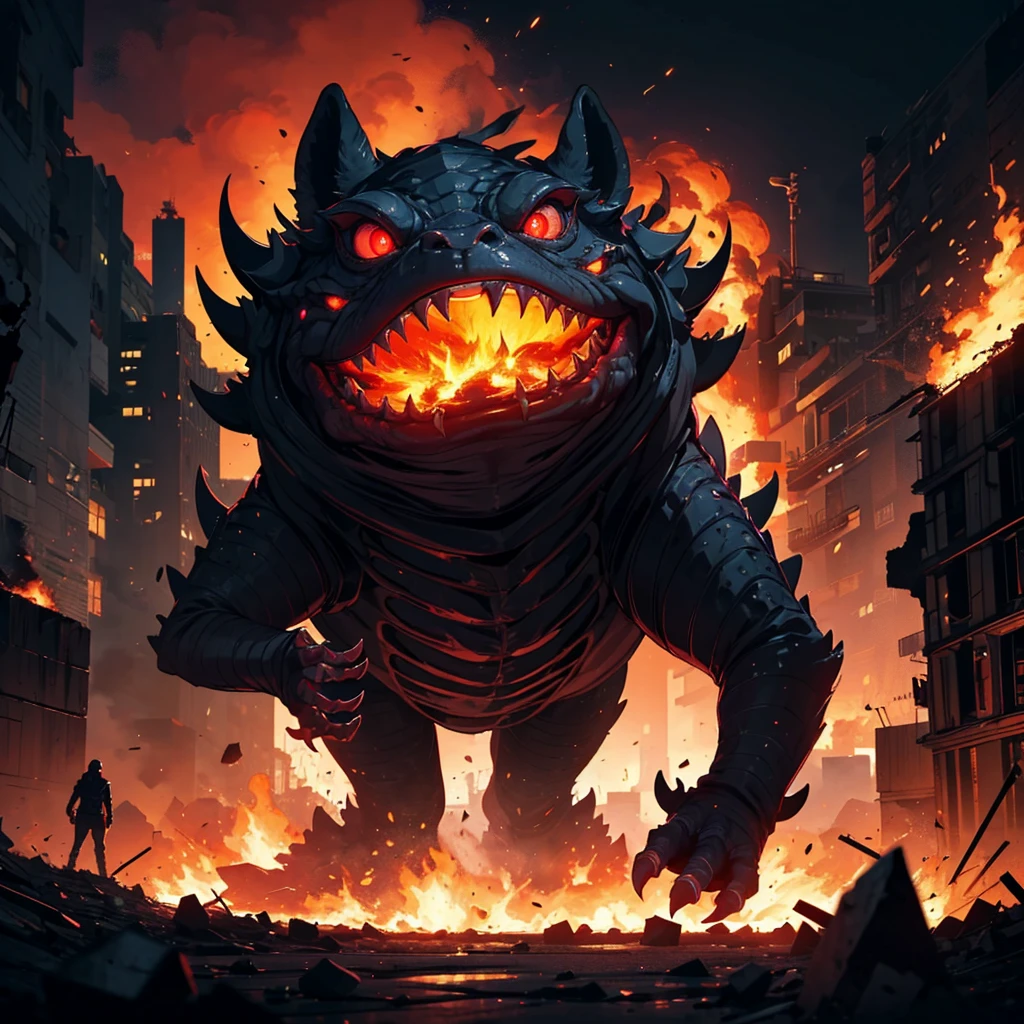 (high quality,realistic,ultra-detailed),Alpaca monster with glowing red eyes and sharp teeth,creepy lava toad kaiju emerging from a fiery crater,giant tentacles flailing,destructive battle,burning buildings and shattered glass,panicked crowd fleeing,the ground shaking under their colossal feet,flaming debris filling the air,neon lights reflecting off the chaos,streaks of radioactive fire illuminating the night sky,toxic smoke billowing from the clash,evoking a sense of dark horror and impending doom,portraits,nightmarish landscapes,surreal photography,ominous color palette,shadowy and atmospheric lighting