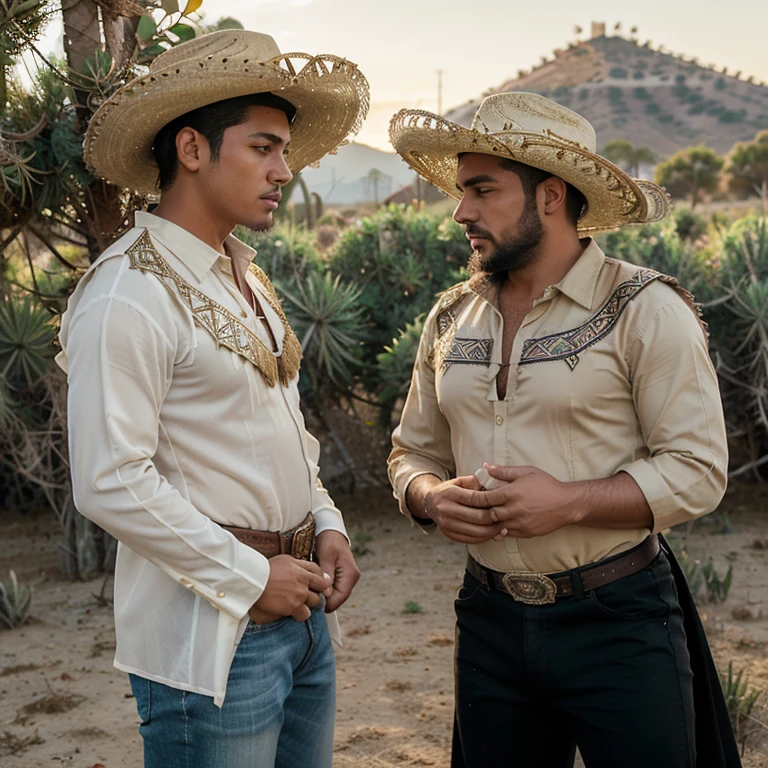 Two gay men in an agave field during golden hour are in love. One (dressed in black as a charro from Jalisco) is skinny, very young-looking, tan and hairless. The other one (dressed in a light bone colored cowboy attire from Nuevo León Mexico) is large, strong, stocky, fair-skinned with green eyes, a beard and hairy chest.