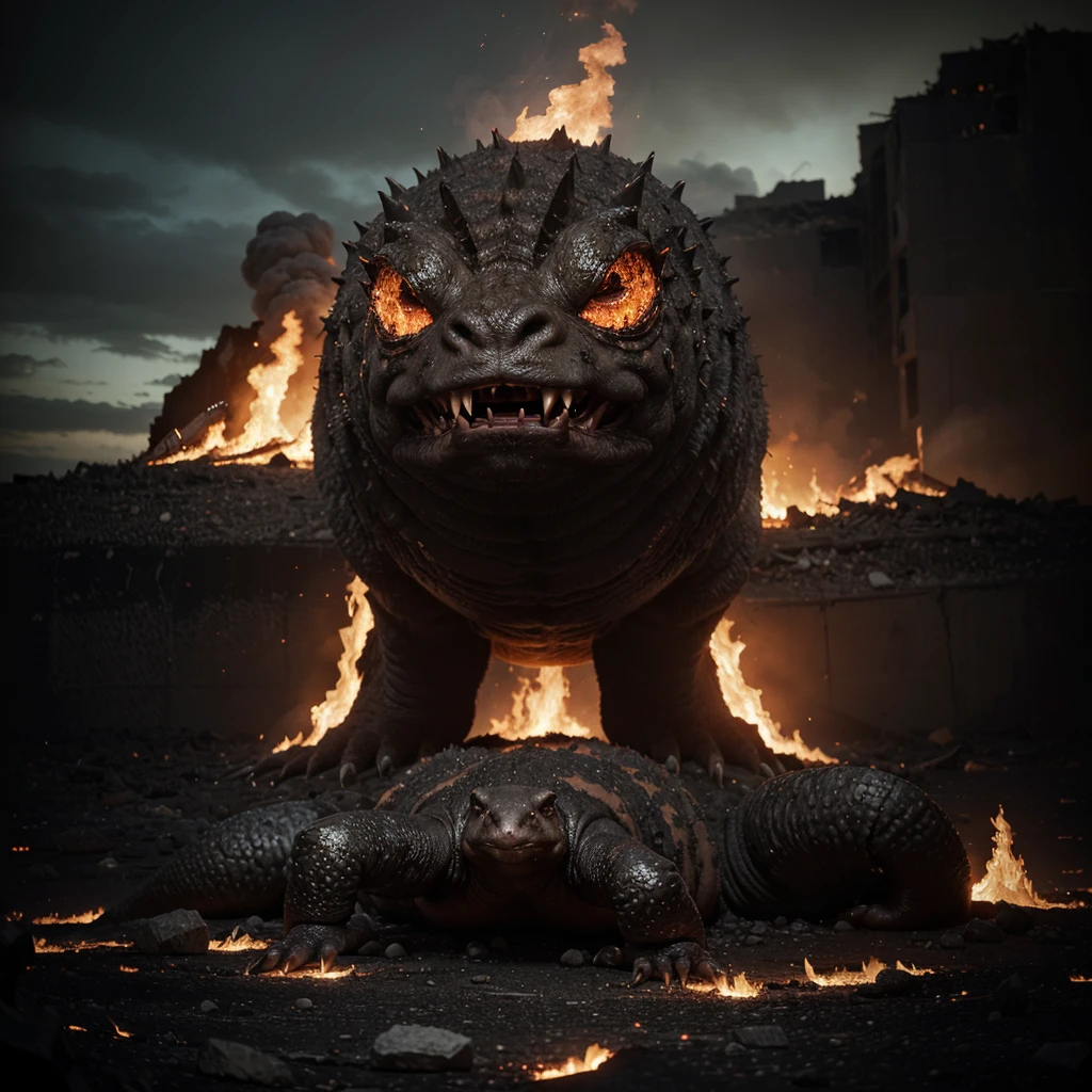 (high quality,realistic,ultra-detailed),Alpaca monster with glowing red eyes and sharp teeth,creepy lava toad kaiju emerging from a fiery crater,giant tentacles flailing,destructive battle,burning buildings and shattered glass,panicked crowd fleeing,the ground shaking under their colossal feet,flaming debris filling the air,neon lights reflecting off the chaos,streaks of radioactive fire illuminating the night sky,toxic smoke billowing from the clash,evoking a sense of dark horror and impending doom,portraits,nightmarish landscapes,surreal photography,ominous color palette,shadowy and atmospheric lighting