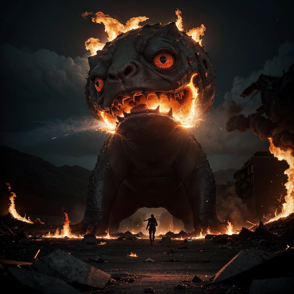 (high quality,realistic,ultra-detailed),Alpaca monster with glowing red eyes and sharp teeth,creepy lava toad kaiju emerging from a fiery crater,giant tentacles flailing,destructive battle,burning buildings and shattered glass,panicked crowd fleeing,the ground shaking under their colossal feet,flaming debris filling the air,neon lights reflecting off the chaos,streaks of radioactive fire illuminating the night sky,toxic smoke billowing from the clash,evoking a sense of dark horror and impending doom,portraits,nightmarish landscapes,surreal photography,ominous color palette,shadowy and atmospheric lighting