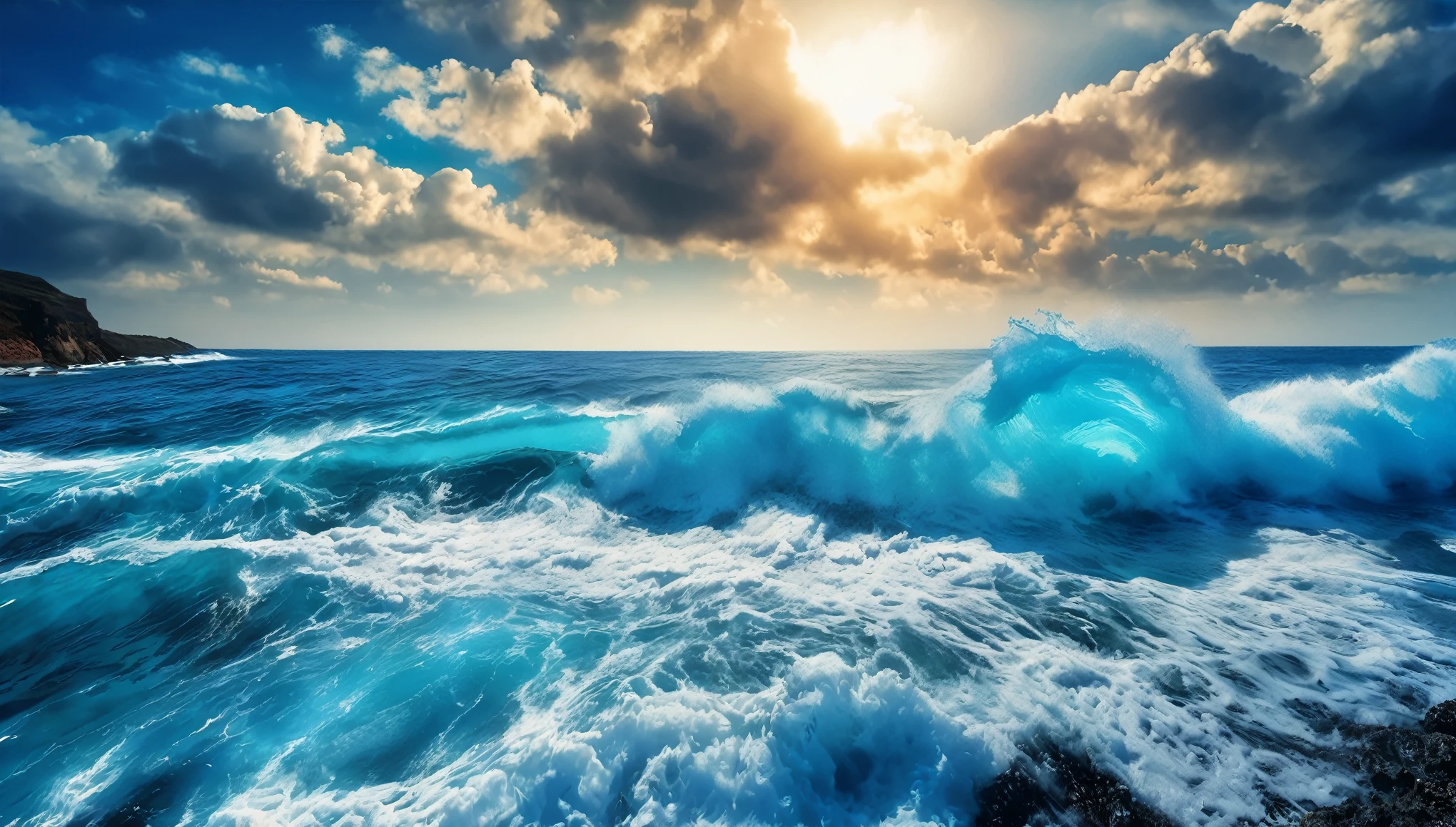 arafed view of a blue ocean with blue waves crashing, chaotic sea setting, breathtaking composition, beautiful sea landscapes, stunning ocean, magnificent background, beautiful background, beautiful dreamy breathtaking, beautiful blue ocean