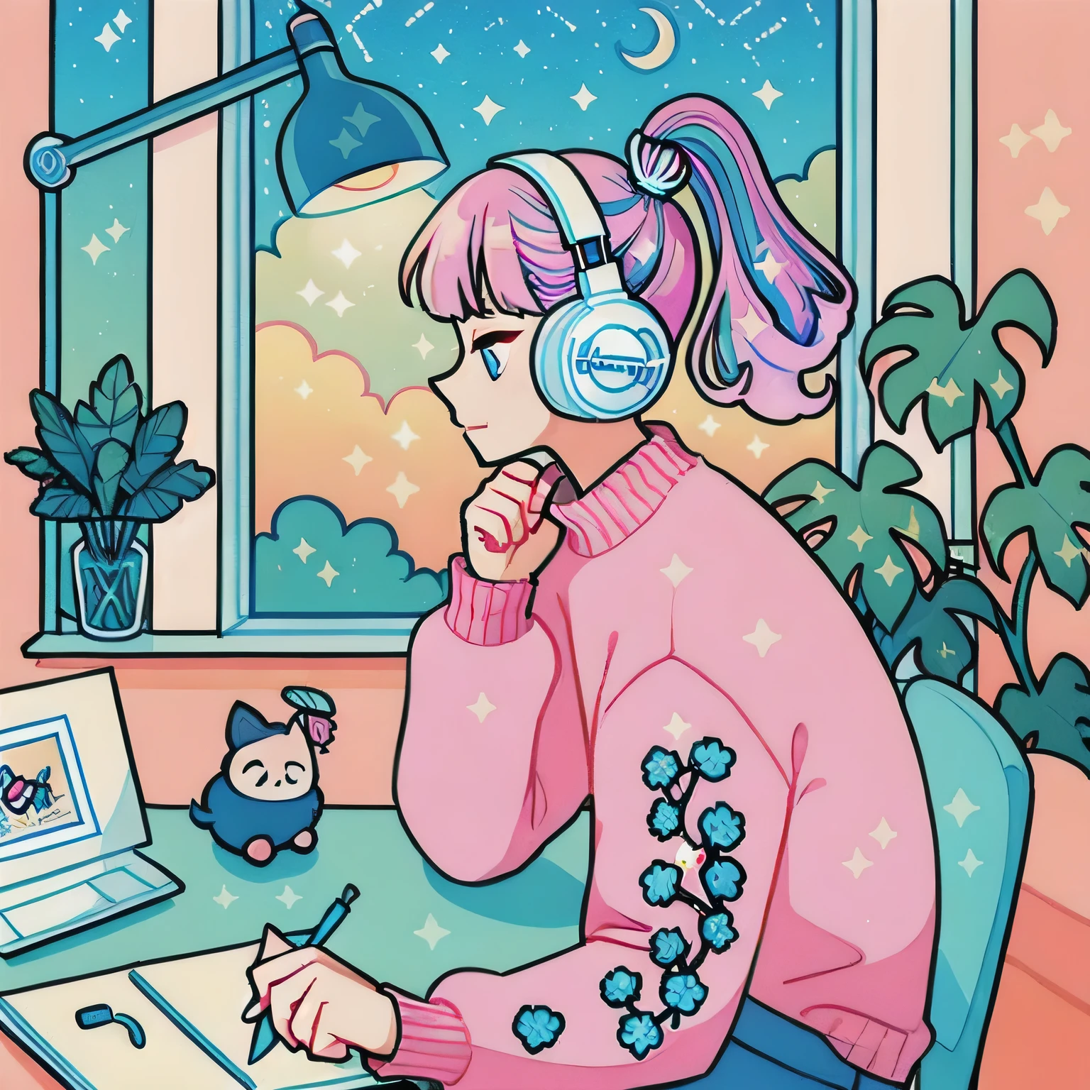 (highest quality,masterpiece:1.2), figure\(overview\), One girl, alone, Pink Theme, Upper Body,indoor, write,Sitting, Liquid Hair,Multicolored Hair,Pink Hair, bangs, profile, blue eyes, ponytail, sweater,white sweater, shirt, blunt bangs, lamp, flower, blue flower,Headphones, fish, Long sleeve, Holding, cloud, Wave, Holding pencil pencil, window, Mikka Moon moon, moon, Limited edition palette, machine lamp,machine, Mikka Moon, Chair, Headrest, star \(symbol\),