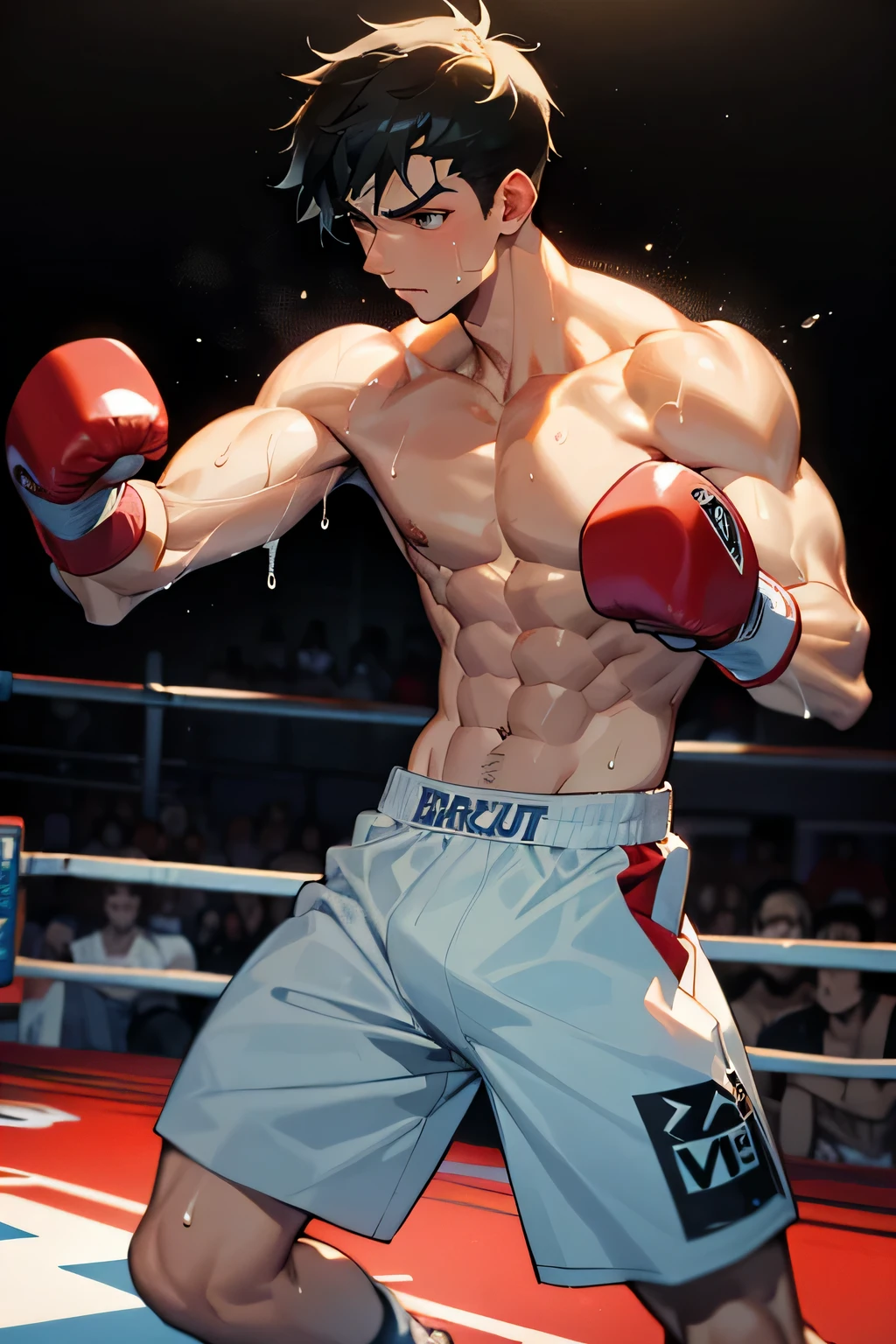 shirtless, super muscular, dripping with sweat, 22-year old short black hair handsome caucasian male wearing sweat-drenched white boxing shorts, boxing boots, shirtless, fighting in the boxing ring