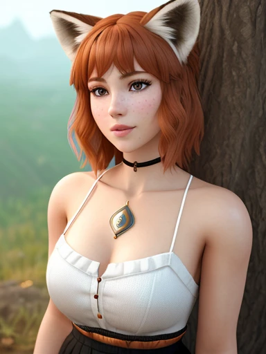a closeup portrait of a playful foxie woman, undercut hair, women's shirt, cute skirt, high thighs boots, amazing body, pronounced feminine feature, forest, ginger hair, freckles, flirting with camera, see full body, exhibiting idol-like features, emerges from the depths of shadow in an extremely detailed CG Unity 8K wallpaper. Her beautifully sculpted face boasts intricate details, with ultra-detailed skin that appears almost alive,