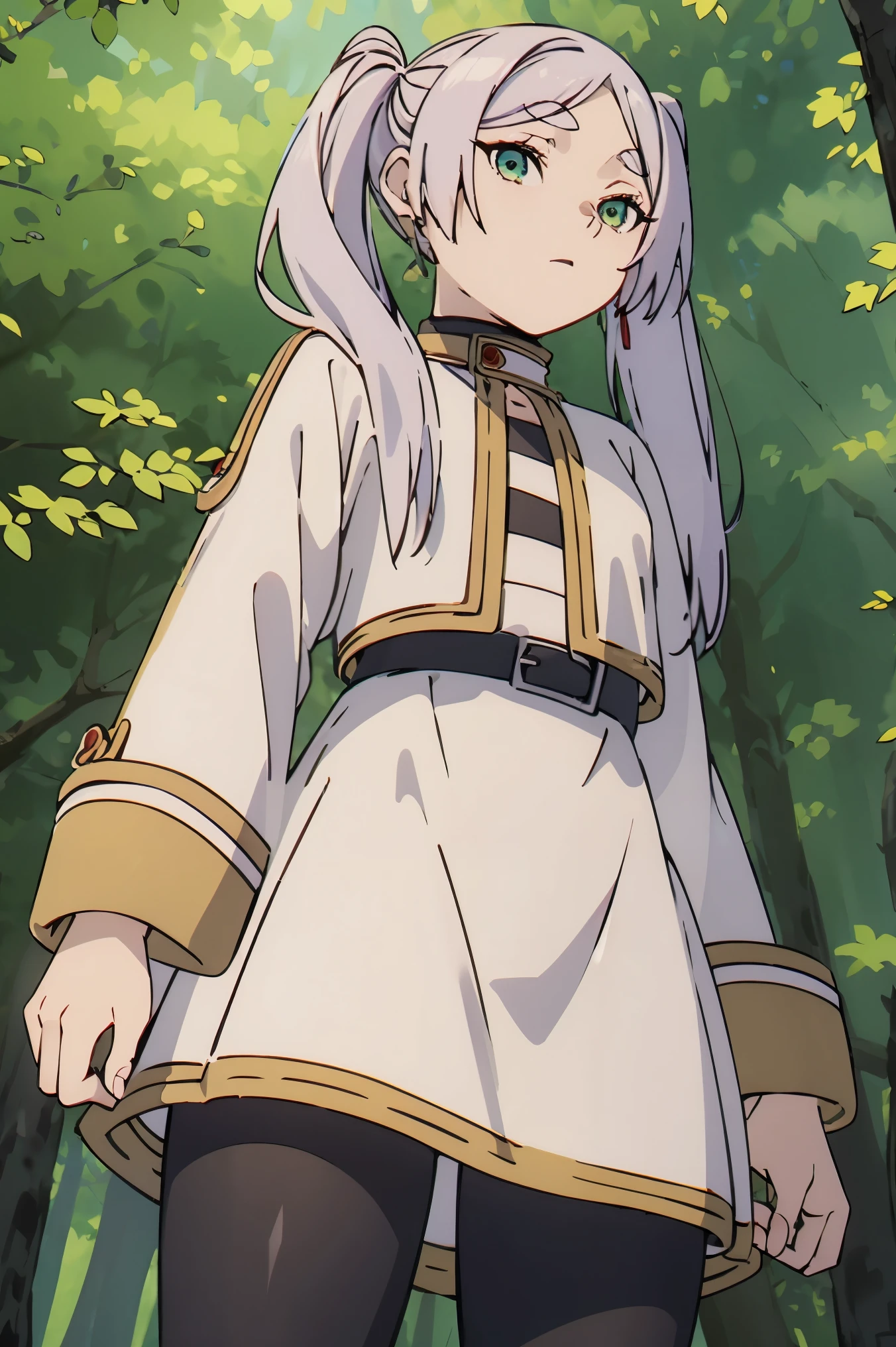(Best Quality, Masterpiece),sexy, erotic, 1girl, 18 years old, Contempt, pride, silver hair, 2 ponytails, ((official outfit)), ((panties)), small breasts, ((cowboy shot)), (from below), looking at viewer, (green eyes), ((forest)), pantyhose, skirt, looking down, underdress