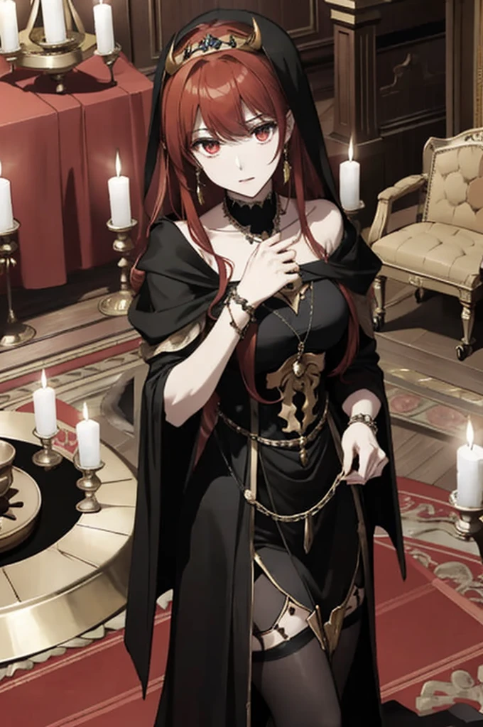 ((highest quality)), ((masterpiece)), (be familiar with), Perfect Face、The Enchanting Body of Celica（FE）、Red hair、The perfect proportions、semi-long、necklace、Bangles、Caster wheel、Circlet、Luxury Accessories、first round、naked、Fallen into evil、Soul-draining、Blank look、Engagement Rings、全naked、Hollow Eyes、Laid on a golden altar、Ritual of Summoning Demons、Dark Room、Red magic circle on the floor、、Lots of candlesticks and candles、sacrifice、darkness、Black sheets、Devil's Altar、Suspicious rituals、Skull Object、Big magic circle on the floor、Skull Candlestick、Luxury Jewelry、Offered on the altar、Be baptized by the devil、Skeleton Crown、black large gemstone pendant、empty eyes、Apathy、Black priestly uniform、devil&#39;s priest、believer in demons、dark priest、Black religious clothing、Richly decorated priestly vestments、Black clothes、Black Veil、Devil's Ornaments、Devil&#39;s Accessories