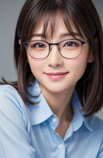(highest quality、8k、High resolution、masterpiece:1.2)、
(realistic,photorealistic:1.37),Portrait、
(日本人のwoman:0.5)、(woman、30 years old、Height: 155cm)、(short hair、Glasses)、(company employee)、
(pure aura),(Clean atmosphere)、(Soft atmosphere)、(Friendly atmosphere)、(A kind smile:1.2)、(Gentle and beautiful eyes)、
(Please look at me with kind eyes:1.4)、
(well dressed)、(Light blue shirt:1.0)