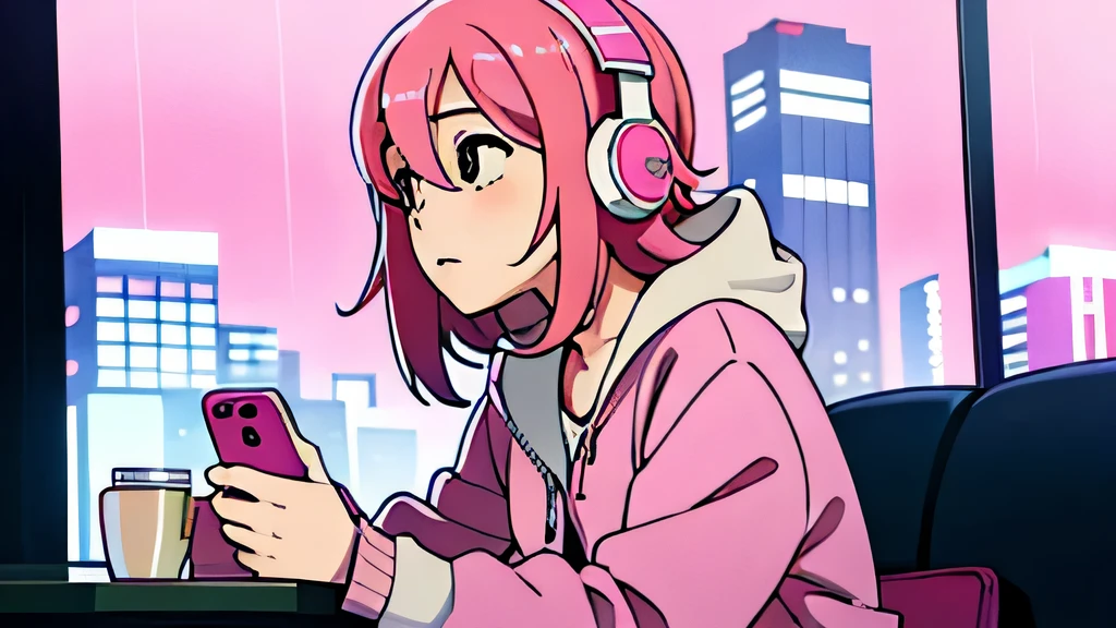 ((City Pop)), cafe, operating a smartphone, girl, Pink Hair, alone, wearing headphones, pink background, wide angle, middle body shot, Operate smartphone, rainy day, evening