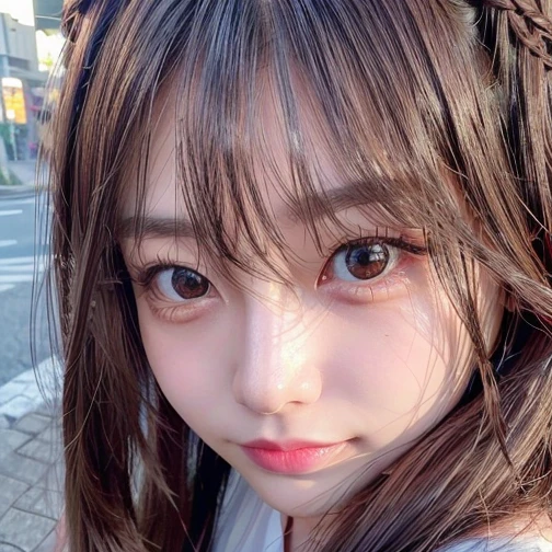 (8k, RAW Photos, highest quality, Tabletop:1.2), (Realistic, Realistic:1.4), (Highly detailed 8K wallpapers), Sharp focus, Written boundary depth, Cinema Lighting, Soft Light, Beautiful eyes in every detail,Shiny smooth light brown, Asymmetrical bangs, Shiny skin, Highly detailed skin ,High resolution, Attention to detail, detailed hairstyle, Beautiful face in every detail, Ultra-realistic, Perfect limbs, Perfect Anatomy ,1 Japanese girl,Famous idols of Japan, Perfect female body,smile,short eyelashes,double eyelid,Look straight here,((Long Hair:1.6)),So that the whole body is reflected,street,Stand up straight and pose,So that the whole body is reflected,Close up of face looking straight at me