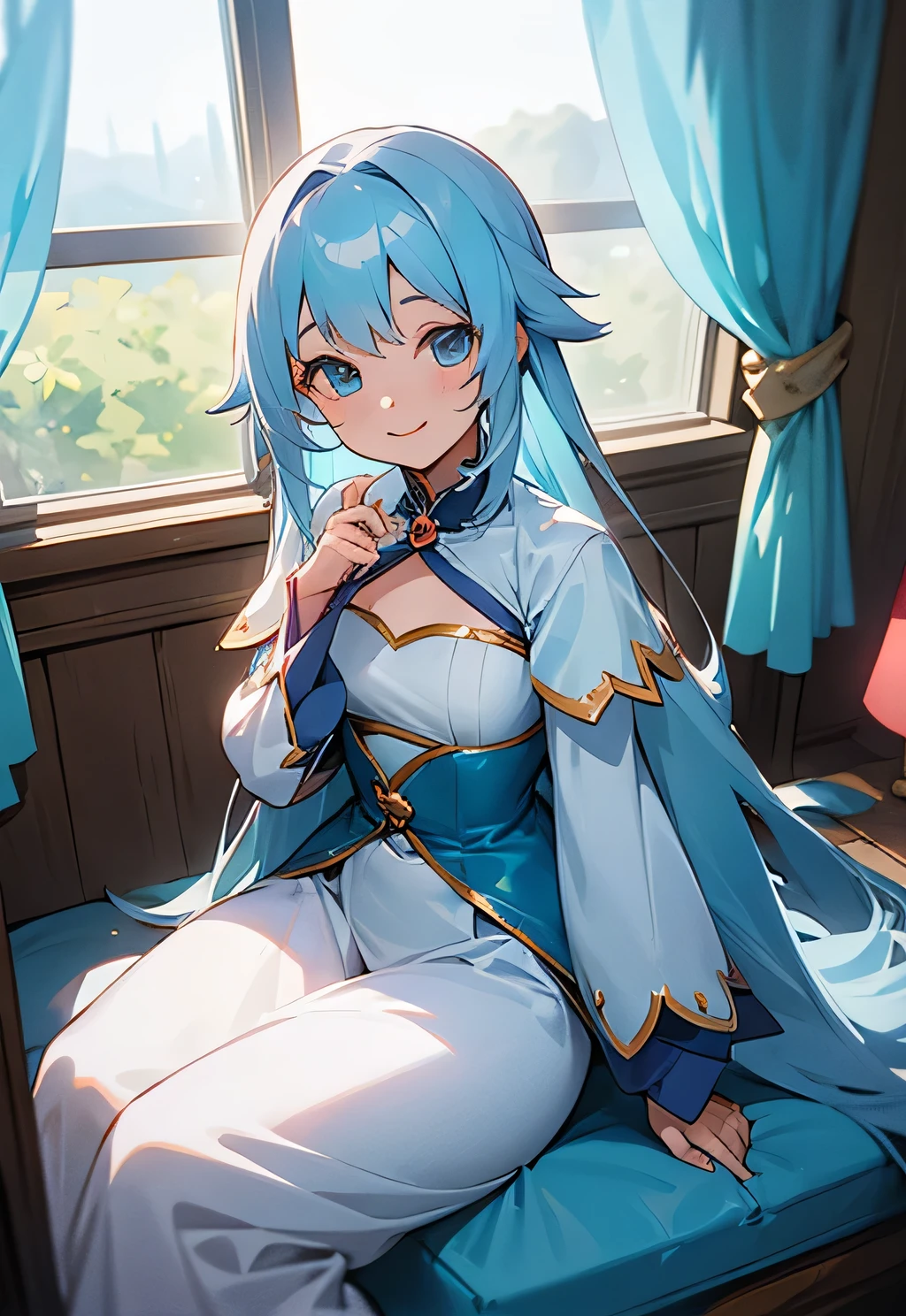 girl..Short length.Light blue hair.Long Hair.Magical girl costume.room.indoor.sit.smile.View your viewers.smile
