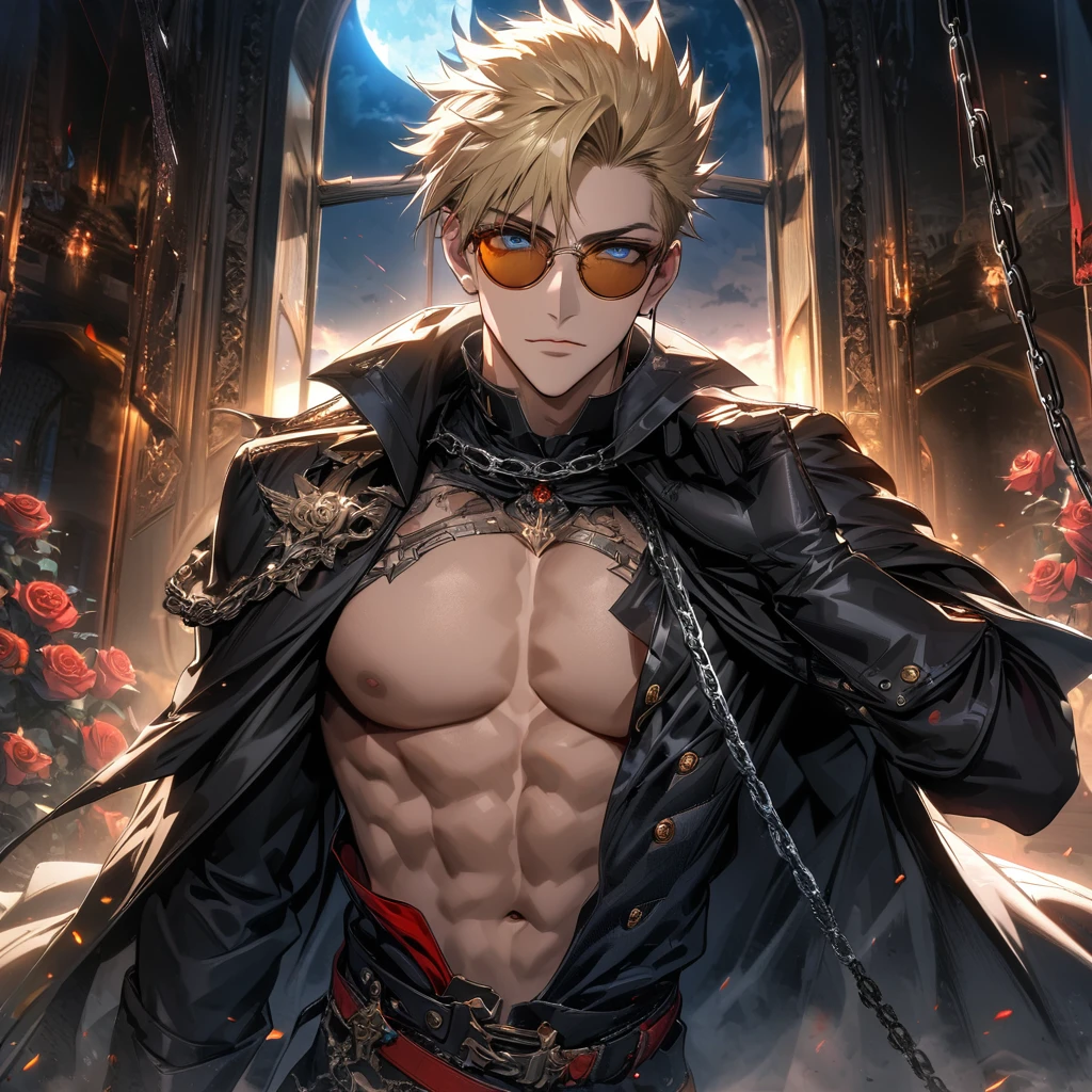 anime guy with bright eyes, best anime 4k, key anime art, Mage, masterpiece, Magic, Magic circle, muscular, open shirt, solo, good anatomy, detailed hands, detailed eyes, (male), Black cat, Black Wizard clothes, blue eyes, blonde hair, pubic hair on the groin, Black cloak, Black gloves, (florest scenario), ((best face)), best hands, detailed hands, ((perfect hands))