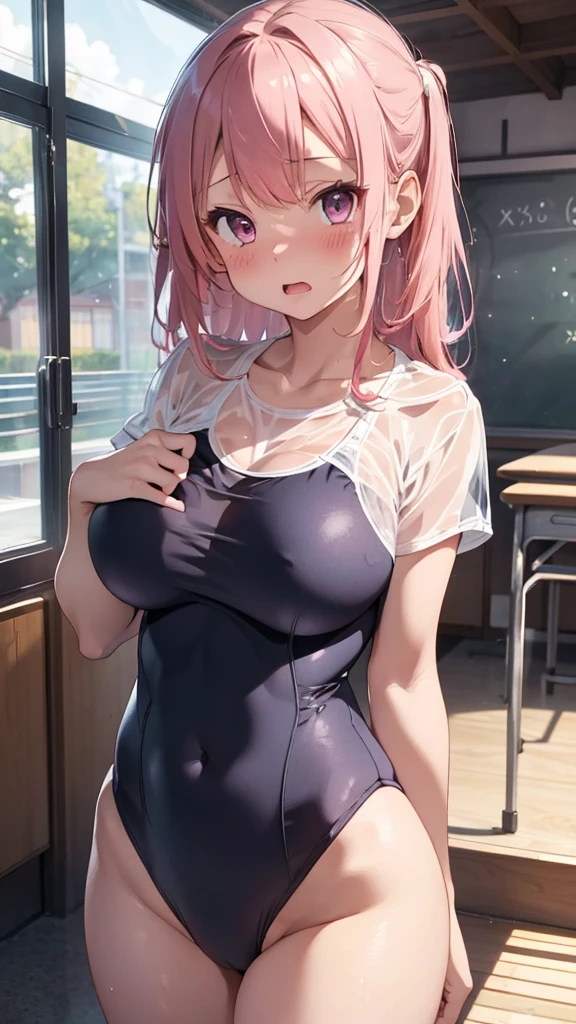 mastute piece,Best Quality,insanely detailed,8k cg,
shoot upper body,
1girl,standing,body in front,looking at viewer,(see-through school-swimsuit:1.3),
blush,shy,(trembling:1.2),pink hair,break,open mouth,large breast,poolside,