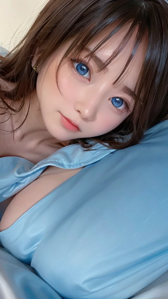 Super detailed、Particles of light:0.5、Off the shoulder、Beautiful valley、sleep on your back in bed、Beautiful Blue Eyes、Half-open mouth、Natural Texture、Dripping cloudy saliva、Realistic Skin