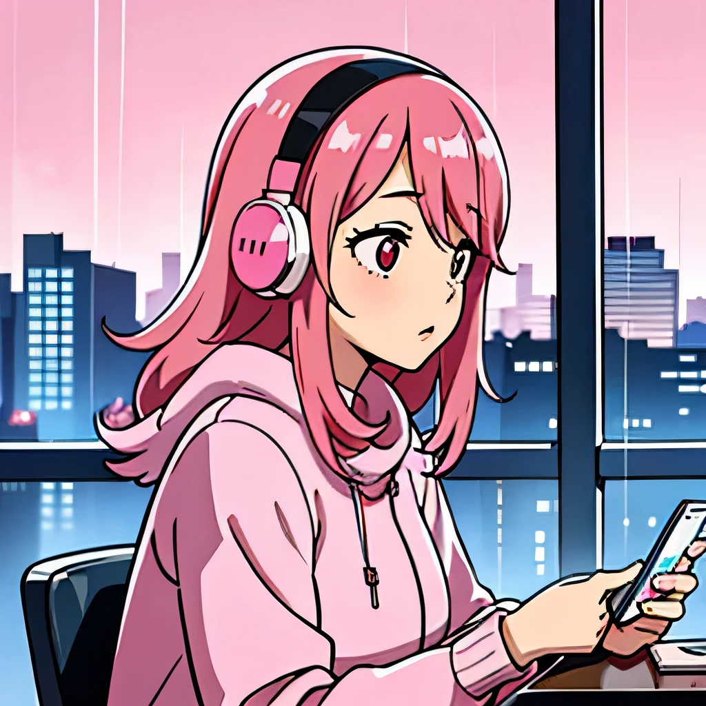 ((City Pop)), cafe, operating a smartphone, girl, Pink Hair, alone, wearing headphones, pink background, wide angle, middle body shot, Operate smartphone, rainy day, evening