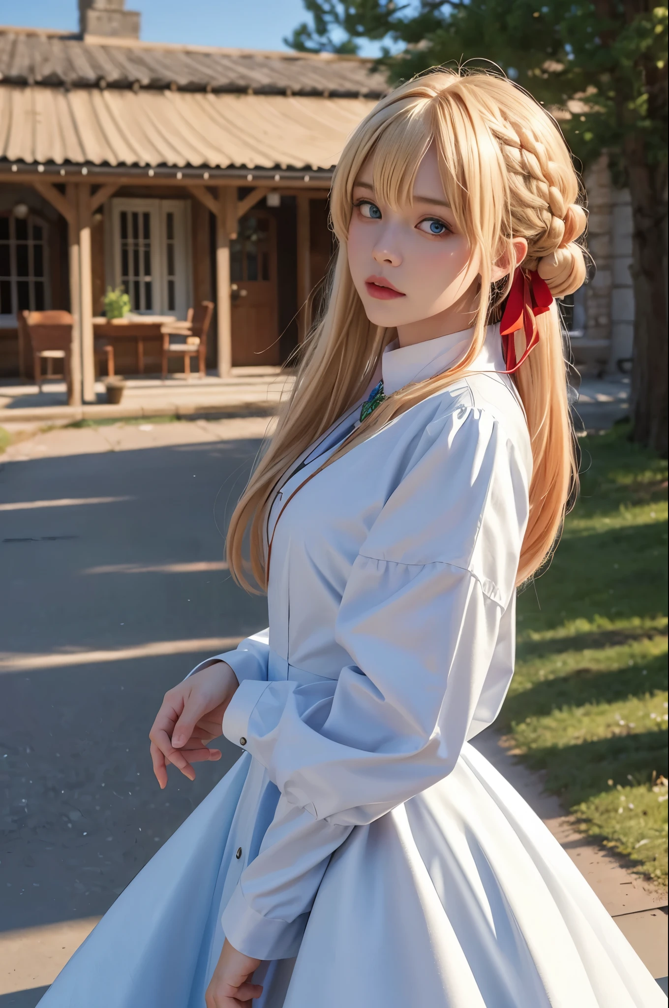 1girl, (((masterpiece, best quality))),(realistic, photorealistic), violet_evergarden, cowboy shot, blonde hair,braid, red hair ribbon, bangs, short blue jacket, blue long sleeves, jewelry, blue eyes, brooch, ascot, ((white long dress)), looking at viewer, upper body, outdoors, ((castle)),((houses)) streets, raining, manor,