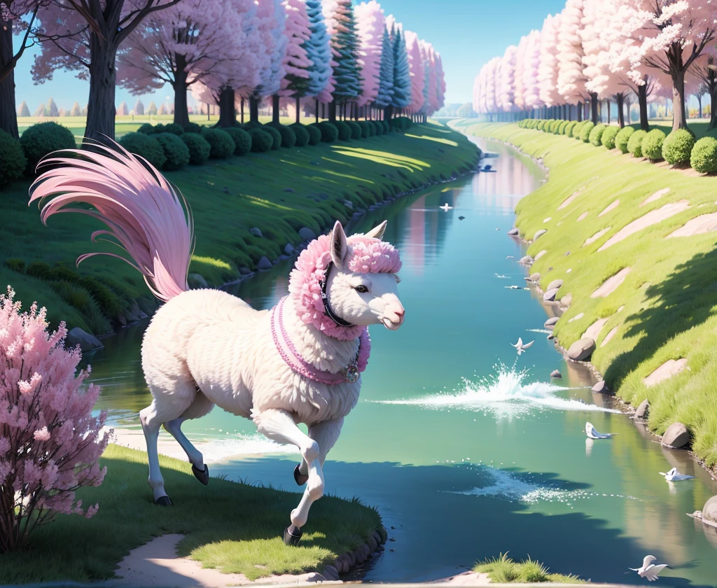 (highres:1.2),fluffy pink alpaca,riding a bicycle,beautiful scenery,pink blossoms,clear blue sky,lush green grass,flowing river,sun shining brightly,birds chirping happily,vibrant colors,soft fur,bright eyes,happy expression,joyful atmosphere,breezy day,playful mood,lively motion,whimsical style,artistic illustration,colorful surroundings,dreamlike scene,adorable creature,fun and lively environment.