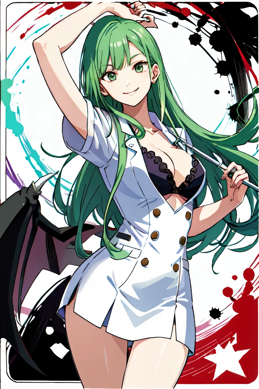 High Resolution、Morrigan、adult woman、smile evilly、Wicked Smile、 Most detailed,Miniskirt、White nurse uniform、Hospital room、hospital
