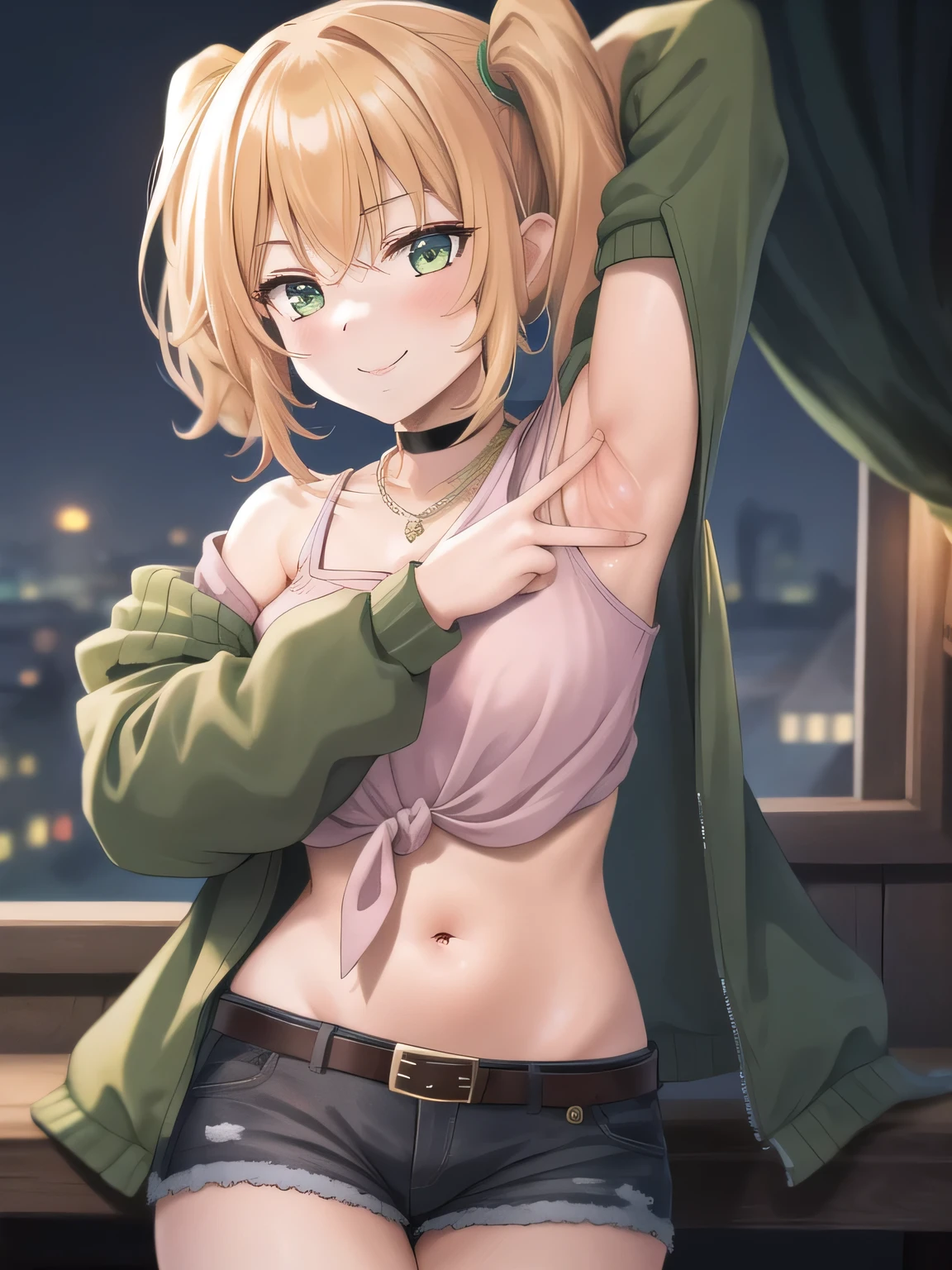 (masterpiece, best quality:1.2),illustration,8k,hd,1girl,solo, green eyes,side ponytail,brown hair,jacket,tied shirt,pink shirt,belt,choker,long hair,midriff,necklace,jewelry,off shoulder,green jacket,denim shorts,breasts,long sleeves,black shorts,black choker,bangs, solo, night sky, forest, arms behind head, contrapposto, spread armpits, closed mouth, smile, upper body,