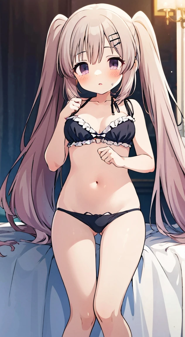 side tie panties,ribbon good, ribbon panties,lace bra, lace panties,twin tails,blush, full-face blush,masterpiece, highest quality, (anime screencap:1.3),(shape), cute,(simple:1), (anime:1.2),Solo Sharp Focus, 1 girl, cleavage,looking at the viewer,, Are standing,,(NSFW:1.2)room,bed,((black color underwear)),big breasts,beautiful bust,beautiful hips,emphasize the chest,((cat lingerie))