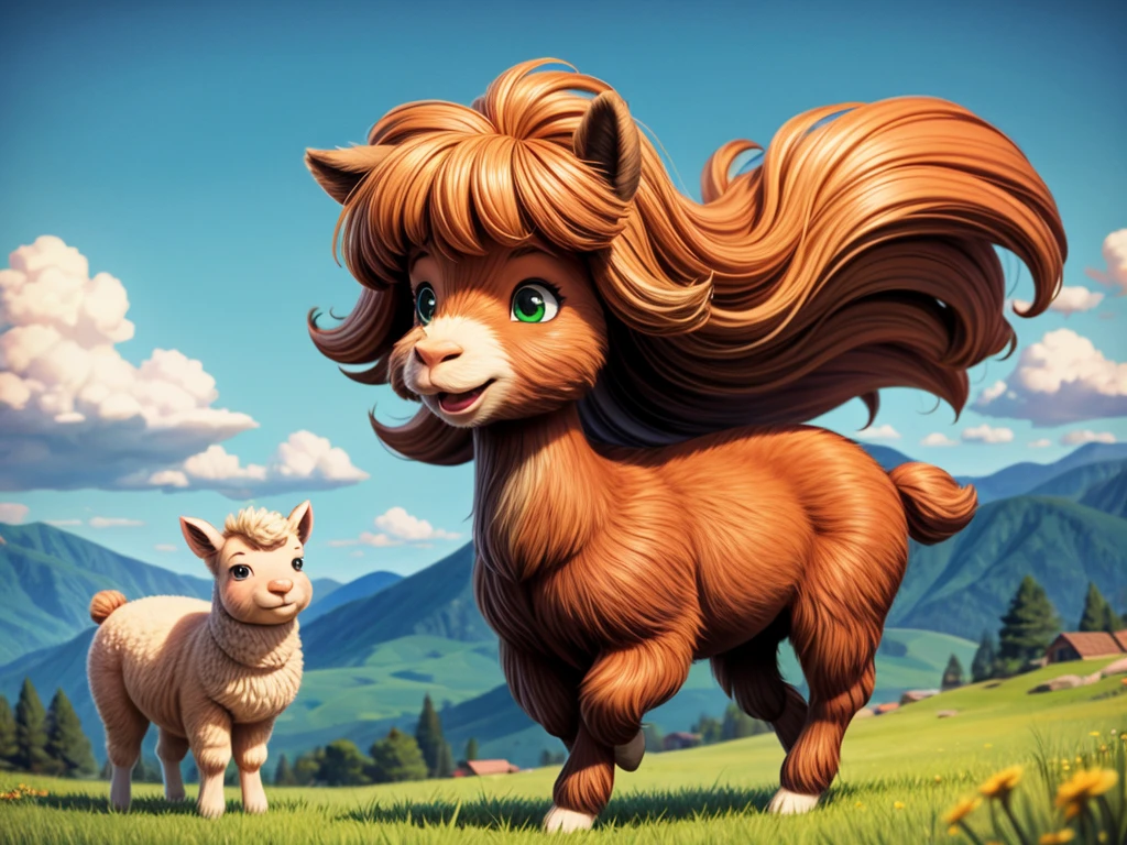 best quality,4k,8k,highres,masterpiece:1.2,ultra-detailed,realistic,photorealistic:1.37,girl riding an alpaca,beautiful detailed eyes,beautiful detailed lips,extremely detailed face,long eyelashes,soft and fluffy fur of the alpaca,green grassy field,clear blue sky,joyful expression on the girl's face,flowing hair,gentle breeze,playful interaction between the girl and the alpaca,cute and colorful saddle,peaceful and harmonious atmosphere,scenic landscape in the background,lively and vibrant colors,soft sunlight casting a warm glow over the scene